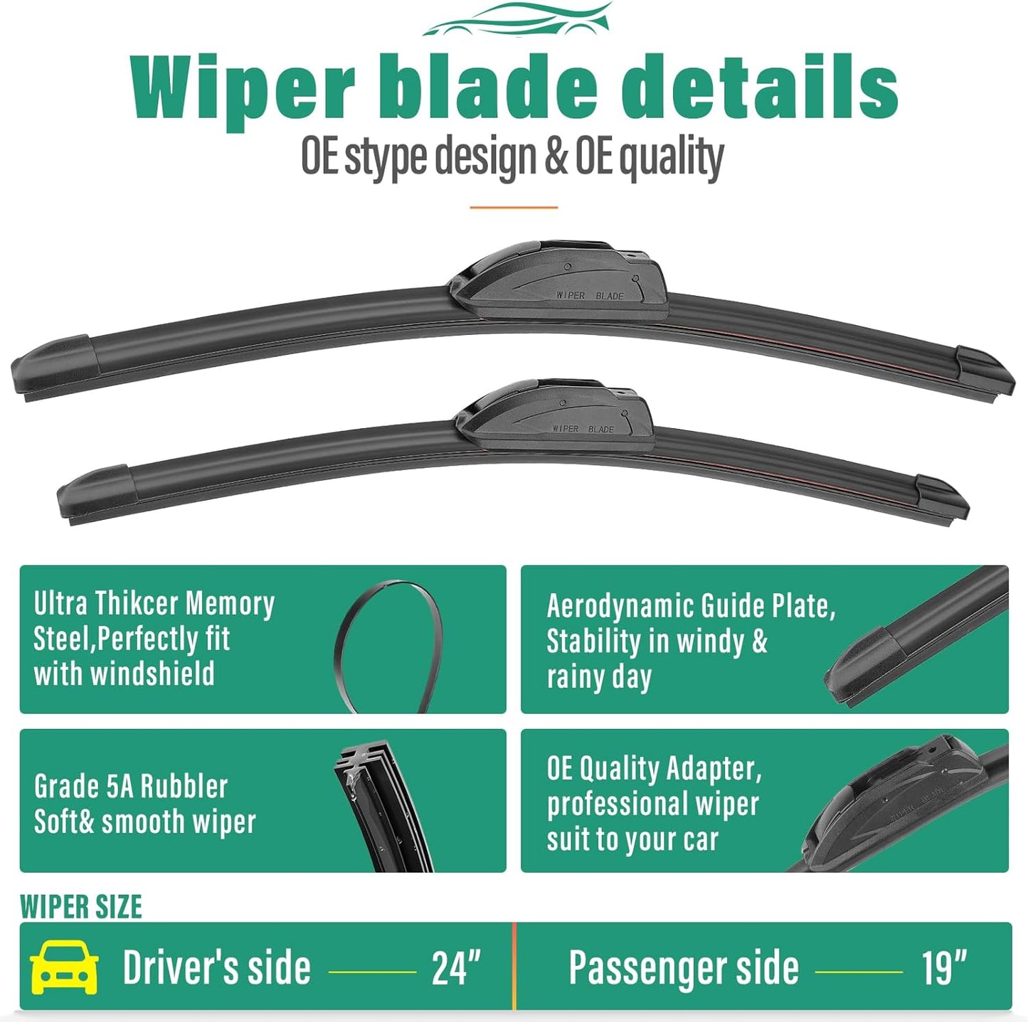24" 19" 12" Windshield Wiper Blades Replacement for Nissan Armada 2017 2018 2019 2020 2021 2022 2023 Premium All Weather Front Rear Wipers Set - OEM Quality (Pack of 3)