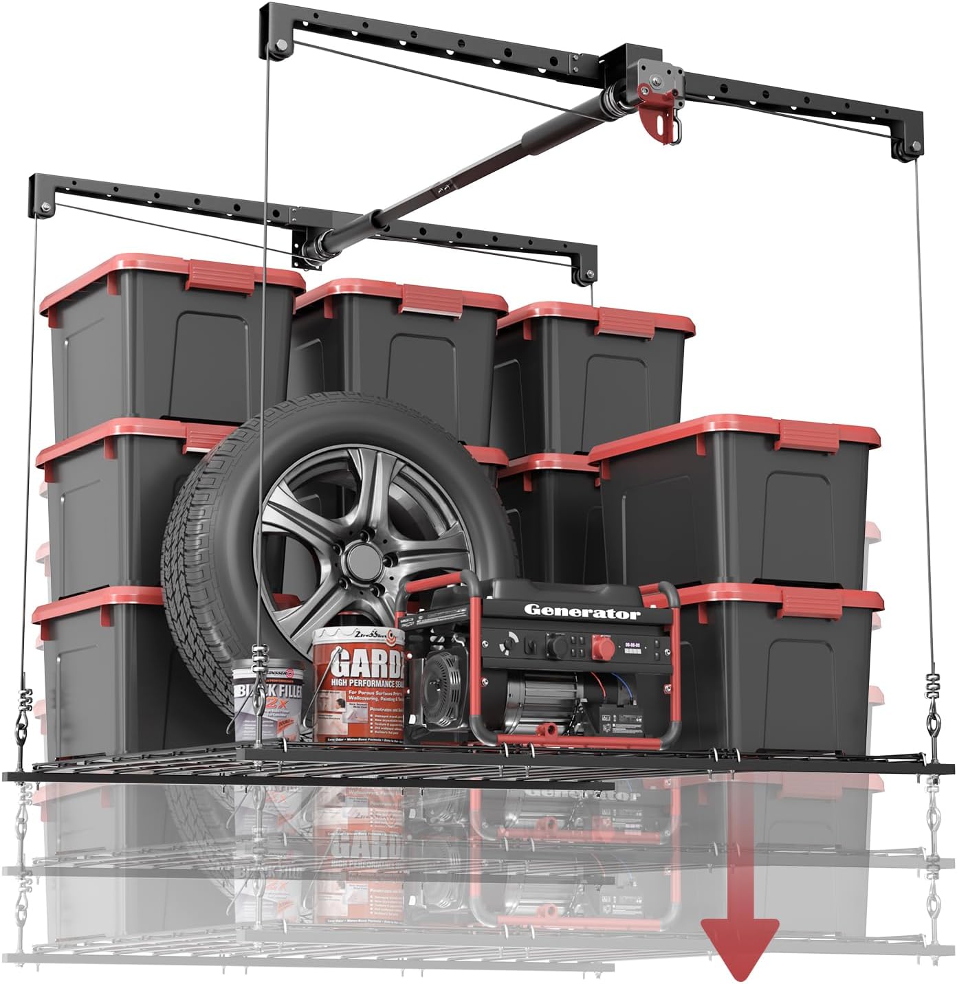 Overhead Garage Storage Lift, Adjustable Heavy-duty 4x4 Ft Ceiling Racks with Safety Lock, Ideal for Storage Lifting Organization System, 250lbs Capacity (Standard Edition)