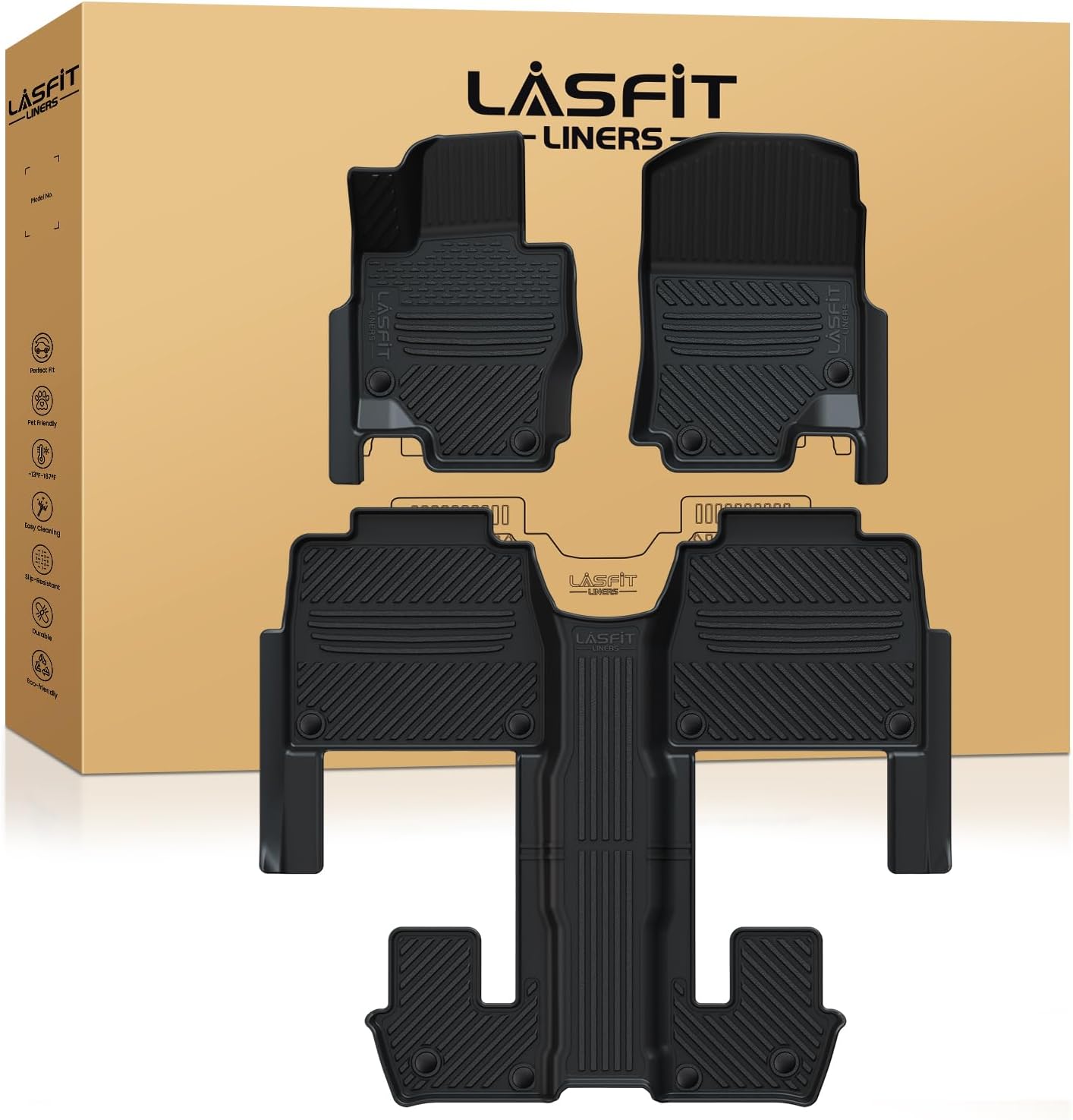 LASFIT Floor Mats Fit for Mercedes Benz GLS 450/580 / 63 AMG 2026 2025 2024 2023 2022 2021 2020 (Only Fit 6 Seats), All Weather TPE Floor Liners for Mercedes GLS 2020-2026, 1st & 2nd & 3rd Row Set