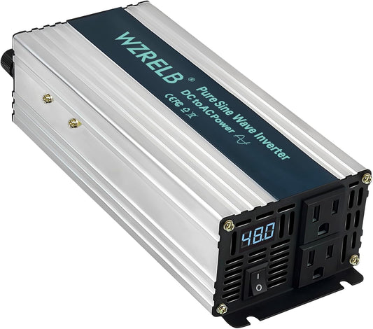 WZRELB 1200W Pure Sine Wave Inverter 48V DC to 110V 120V AC Power Converter with LED Display, Off-Grid Portable Power Inverter with 2 AC Outlets for Home, RV, Truck, Camping