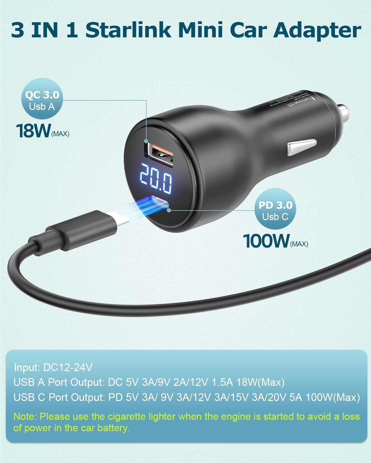 3 in 1 Starlink Mini Cable Cigarette Lighter 10FT Car Adapter for Starlink Mini USB C to DC Power Cable and Car Charger Smart Boost 12V to 20V/100W with Voltmeter USB C 100W/USB A 18W Port 18AWG 3M