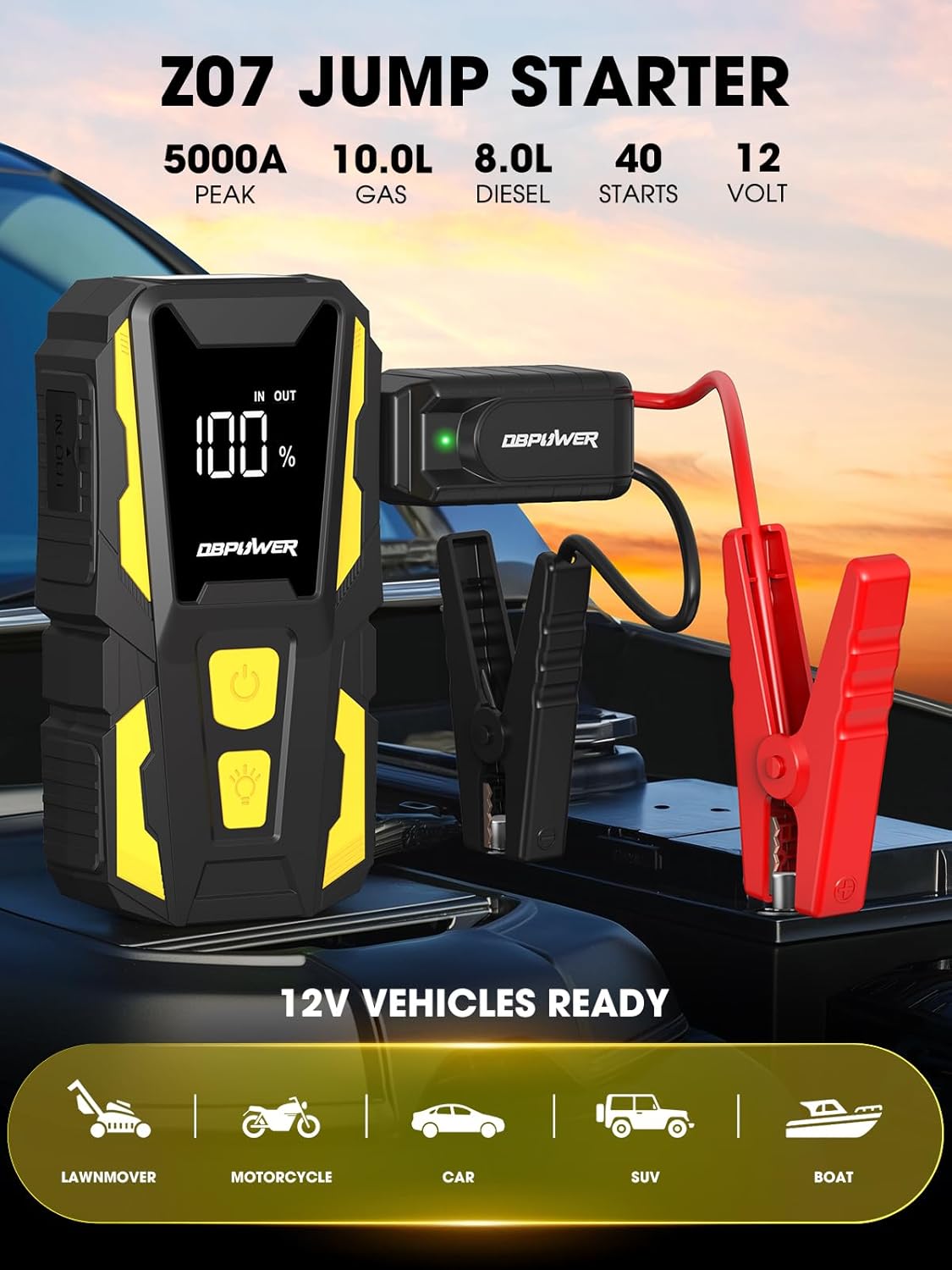 DBPOWER 5000A Jump Starter, 74Wh Car Battery Jump Starter for Up to 10.0L Gas and 8.0L Diesel Engine, 12V Portable Jump Box Battery Pack with Display, LED Light, Jumper Cables, and Storage Case