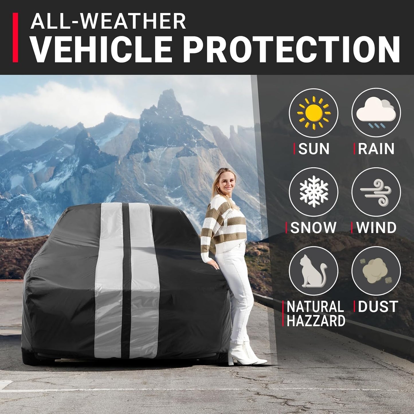 iCarCover Custom Car Cover for Pontiac Executive (1967-1970) Waterproof All-Weather Rain Snow UV Sun Protector Full Exterior Indoor Outdoor Car Cover (Stripe - Black/Gray)