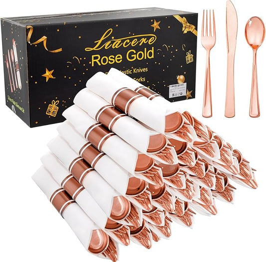 Liacere 100Pack Rose Gold Plastic Silverware - Pre Rolled Napkins with Rose Gold Cutlery - Wrapped Silverware Set Disposable100 Forks Knives Spoons Wrapped Utensils for Wedding&Christmas