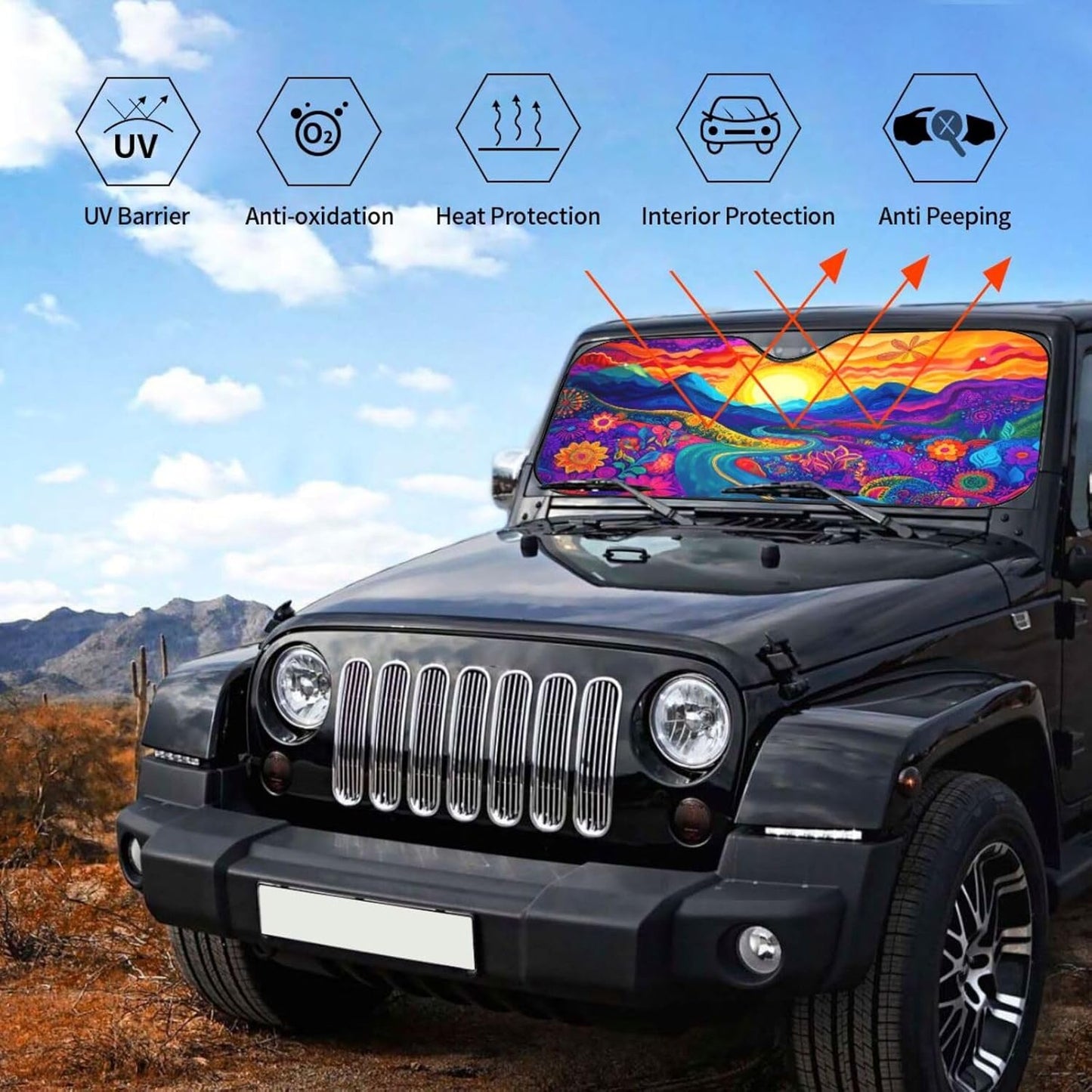 Abstract Flower Sunrise Car Sun Shade Windshield Sunshade Foldable Front Window Shield Cover for Truck SUV