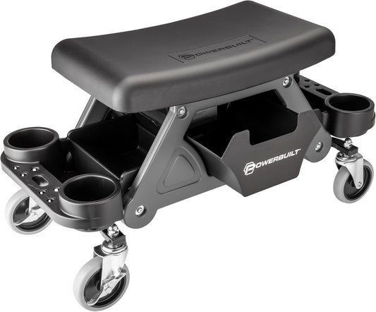 Powerbuilt Heavy-Duty Utility Rolling Seat Upgraded with Padding, Sturdy Locked in Trays, Premium Wheels for Garage Work - Grey 642924ECE