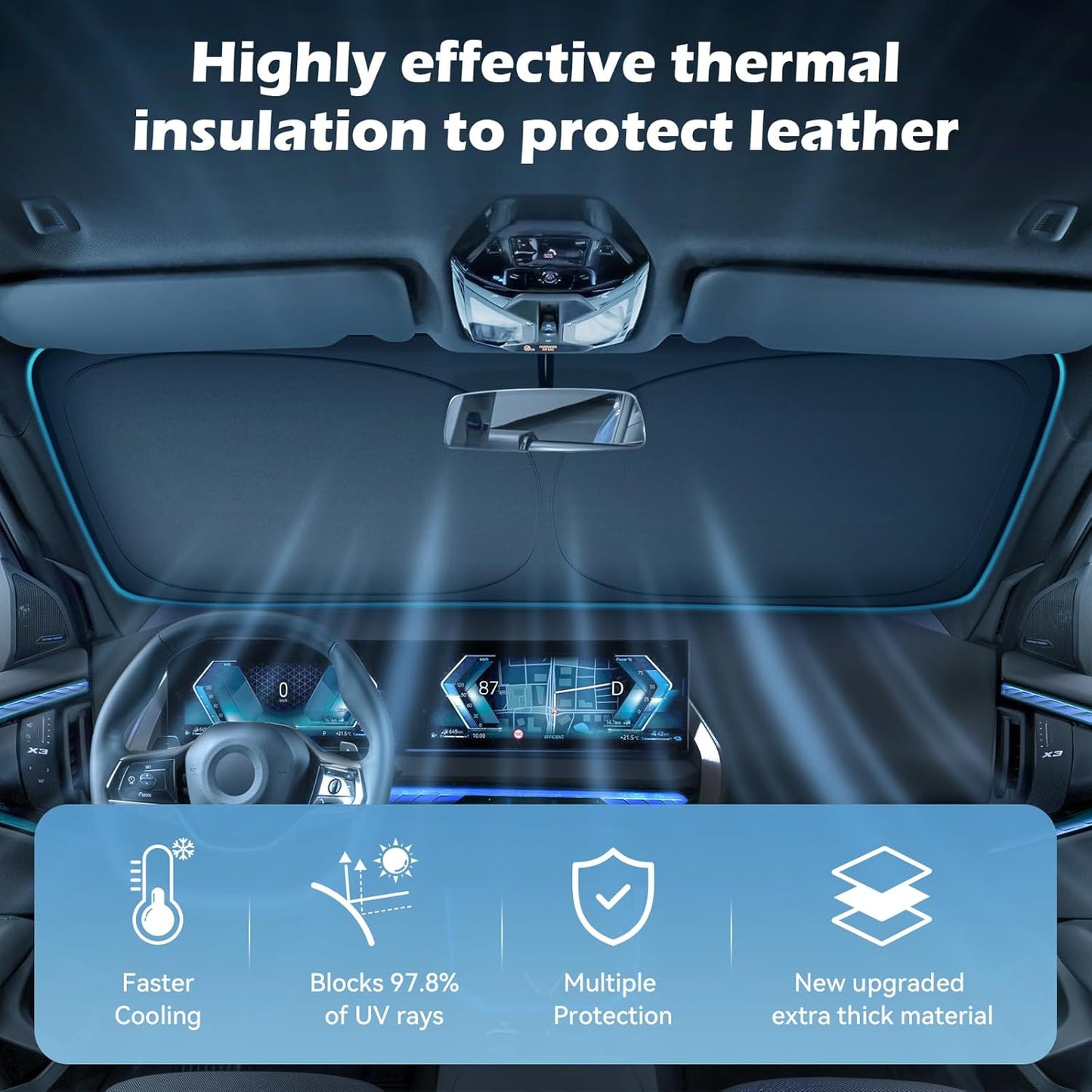 Car Windshield Sun Shade, 300T Thickened Car Window Shades Heat Reflective Interior Cool, Universal Fit for Most Cars SUVs Trucks, Foldable & Portable Design (for Tesla Model 3/Y (57'' × 37''))