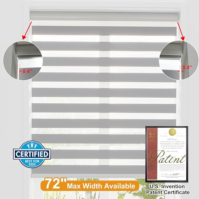 Persilux Cordless Zebra Blinds for Windows Free-Stop Window Shades (27" W X 72" H, Grey) Dual Layer Light Control for Day and Night, Light Filtering Sheer Shades for Home, Easy to Install