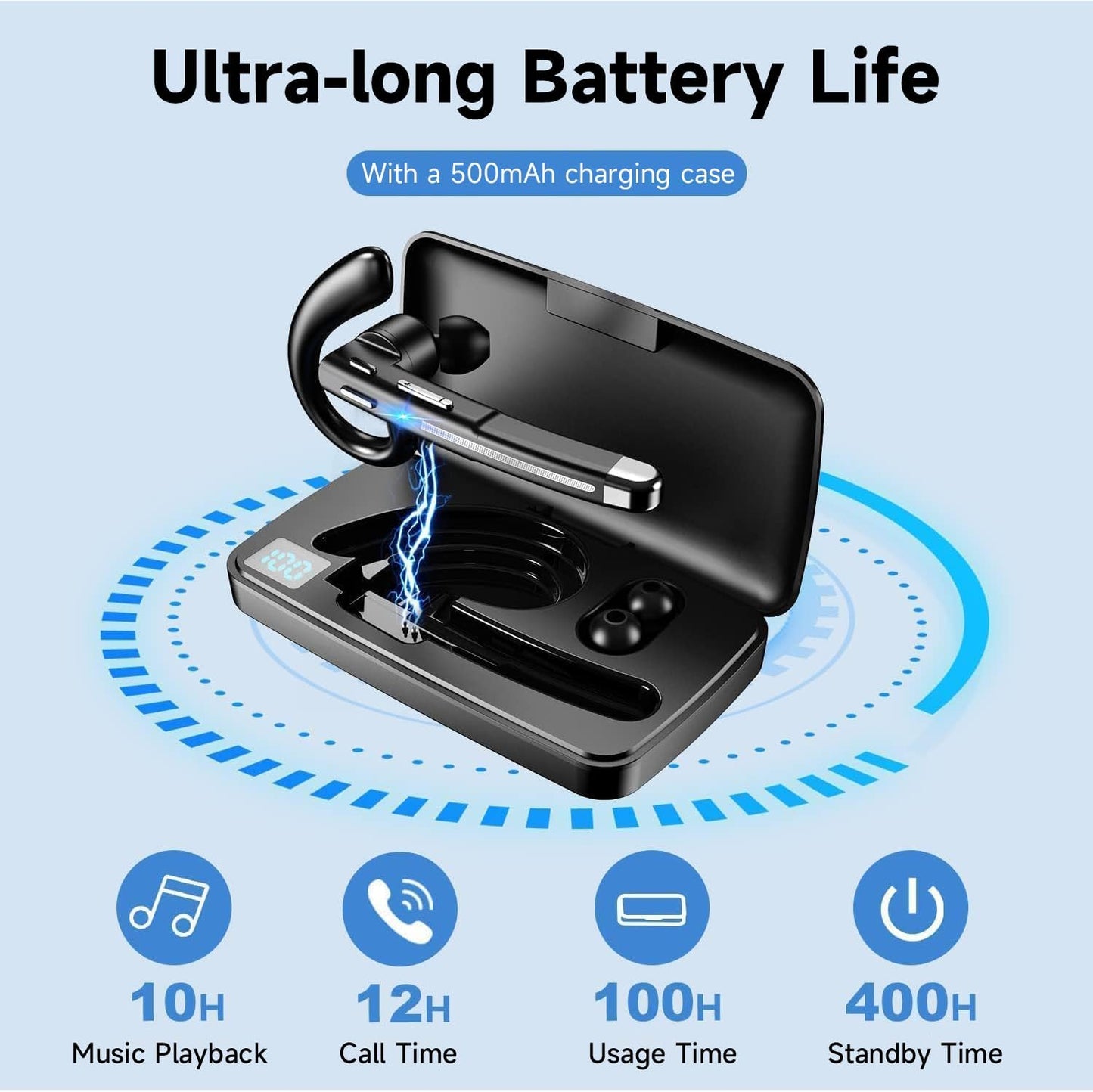 Bluetooth Headset V5.3,100 Hrs Talk Time Single-Ear Earphone, CVC8.0 Noise Cancelling Wireless Earbud, Business Earbud with 500 mAh Charging Case, Hands-Free Earpiece for Trucker/Home/Office Work