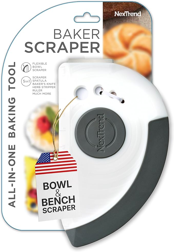 Nextrend BakerScraper – 5-in-1 Flexible Bowl Scraper, Bench Scraper and Dough Scraper with Stainless Steel Edge, Ruler & Herb Stripper – BPA Free, Dishwasher Safe - Gray