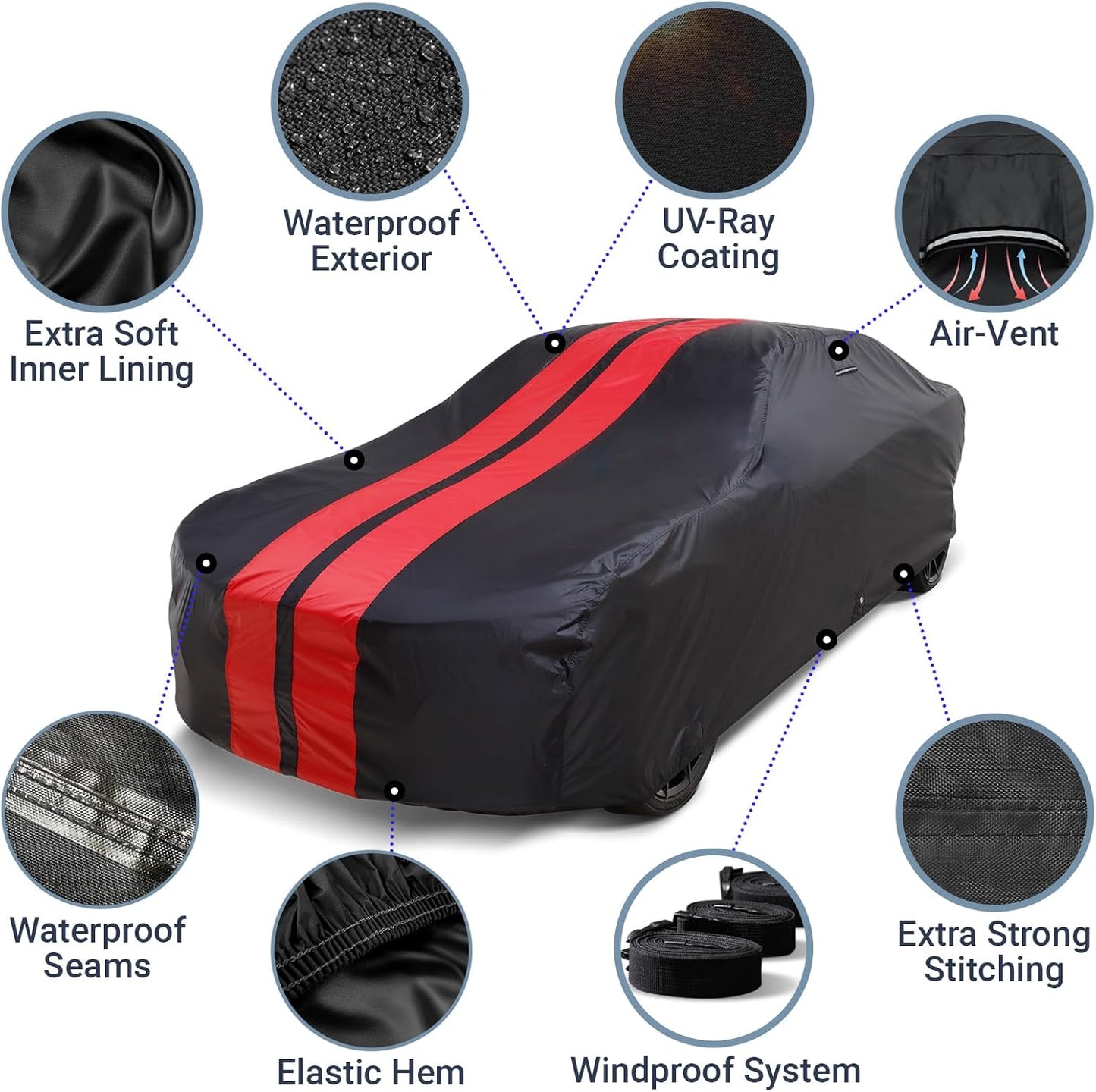 iCarCover Custom Car Cover for Pontiac Lemans 2-Door, 4-Door (1978-1981) Waterproof All-Weather Rain Snow UV Sun Protector Full Exterior Indoor Outdoor Car Cover (Stripe - Black/Red)