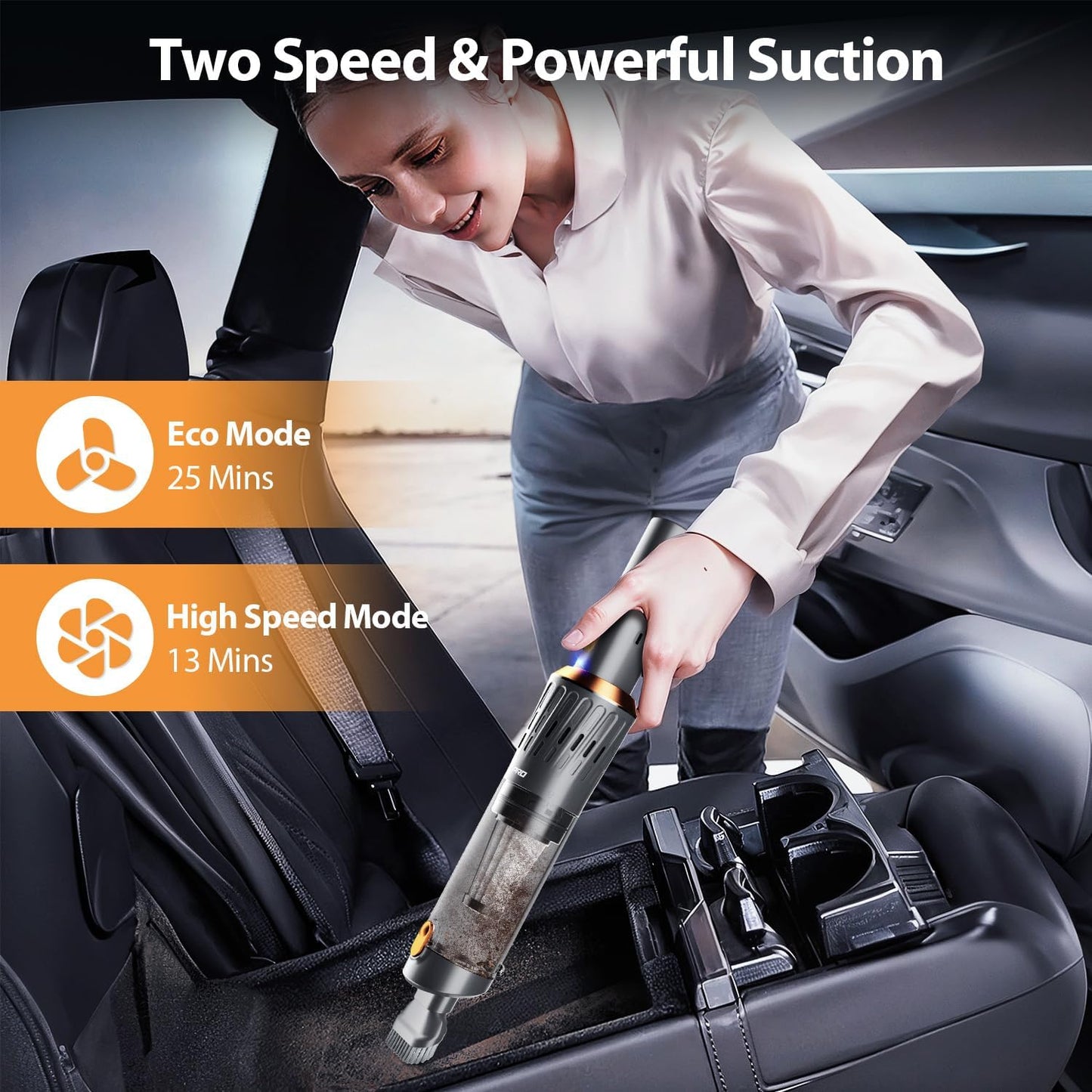 Handheld Vacuum Cordless 15000PA Car Vacuum 3-in-1 Hand Held Vacuums 1.1 Pounds Hand Vac Cordless Rechargeable One-Touch Empty for Cleaning Cars Offices Homes Pet Hair and Dust (Orange)