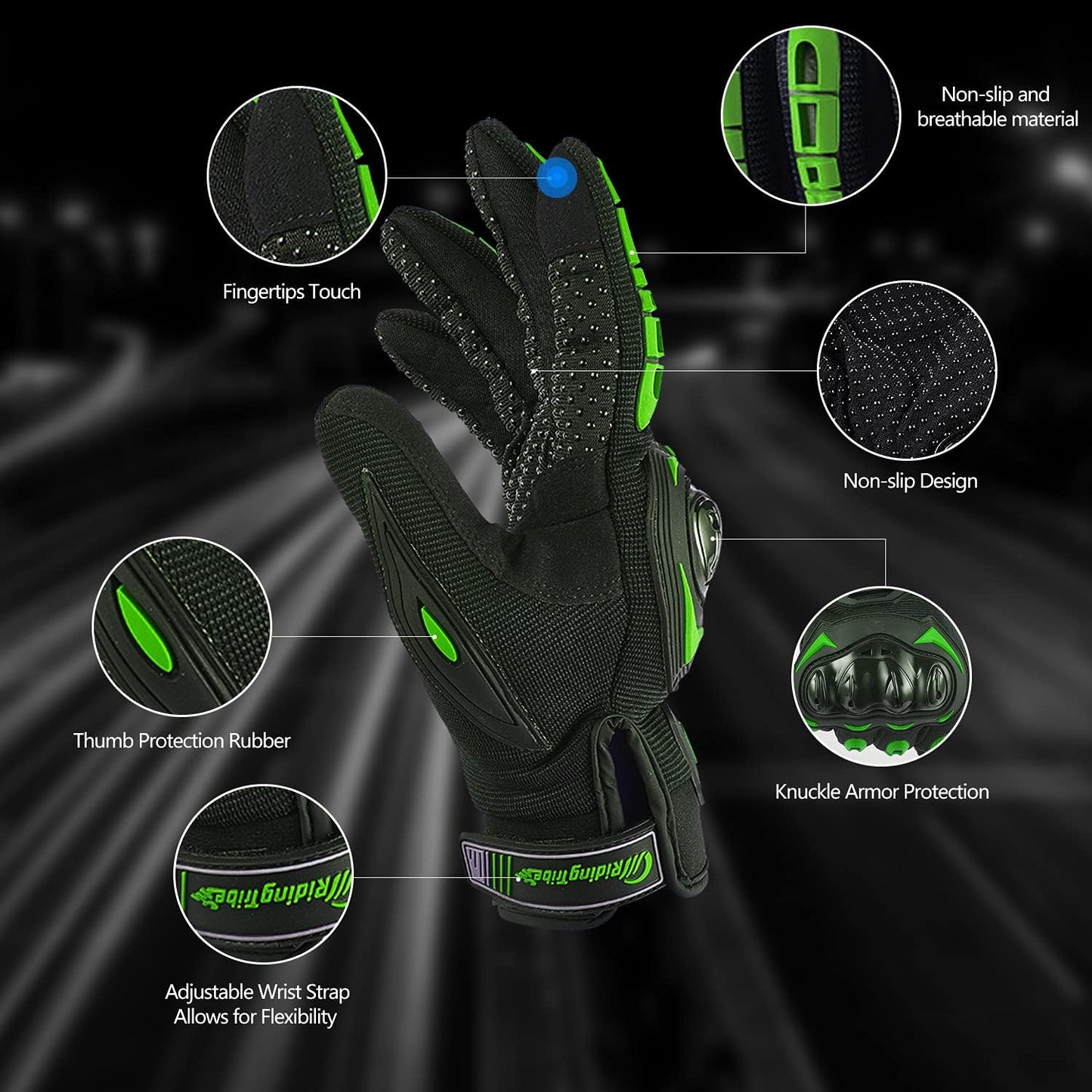Motorcycle Gloves for Men and Women Full Finger Touchscreen Mountain Dirt Bike Gloves for Powersports BMX ATV MTB Driving Motocross Cycling Gloves(M, Green)