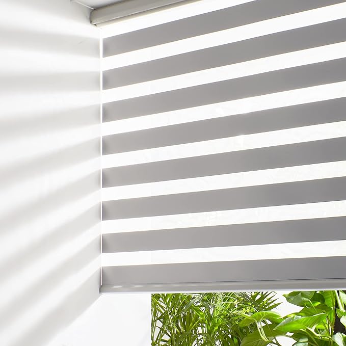 Persilux Cordless Zebra Blinds for Windows Free-Stop Roller Windows Shades (36" W X 64" H, Grey) Dual Layer Light Control for Day and Night, Light Filtering Sheer Shades for Home, Easy to Install