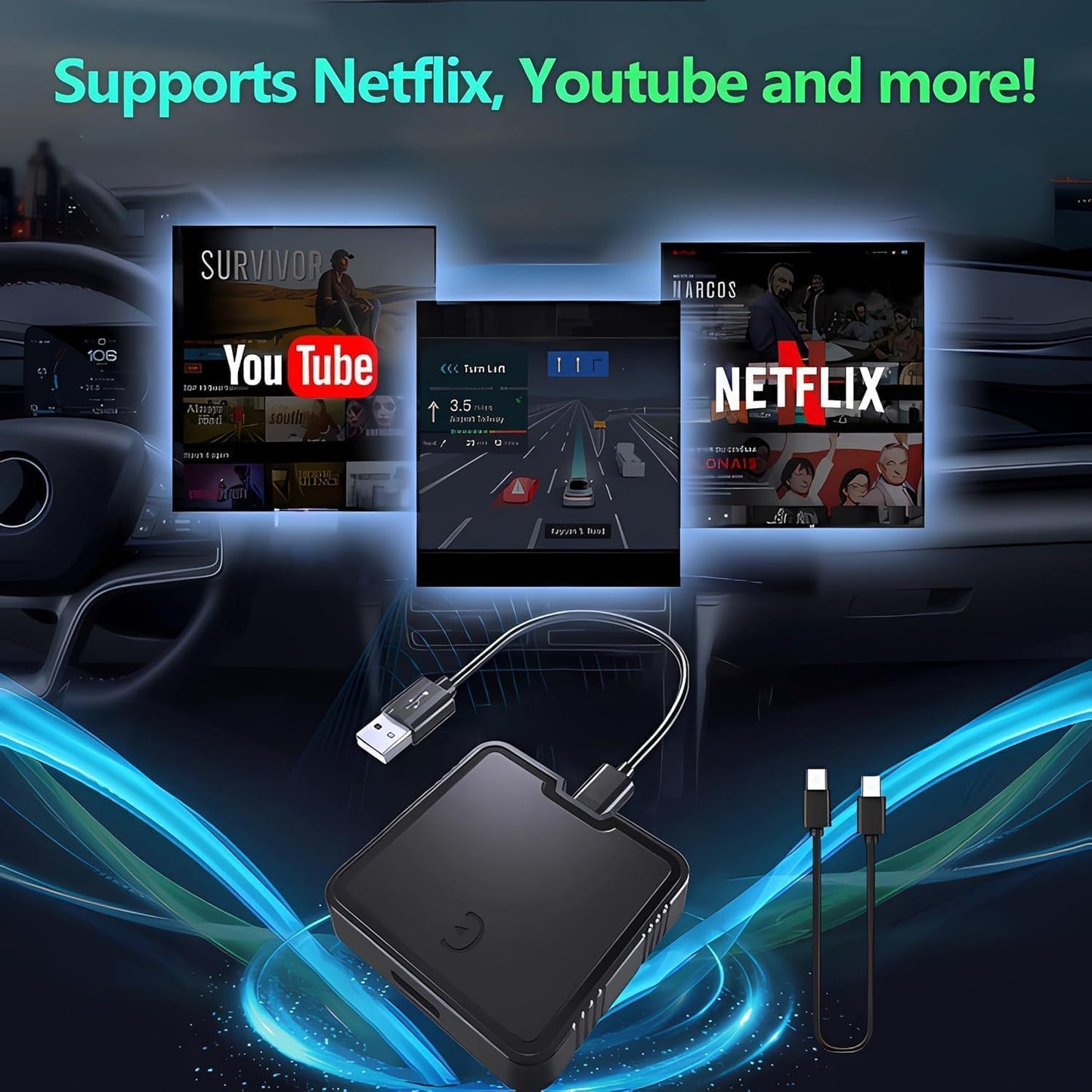 Wireless CarPlay Adapter for Convert Wired to Wireless Car Play Adapter Fast Stable Connection 2025 Upgrade Ai Box Car Play Support Netflix, YouTube, TF Card Plug Connection Cars from 2015 & iOS 10+