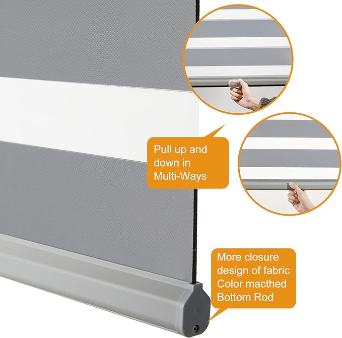 Persilux Cordless Zebra Blinds (70" W x 72" H, Grey) Dual Layer Fabric, Privacy Window Blinds, Dual Layer Zebra Roller Shades, Light Filtering Sheer Window Treatments for Home, Office…
