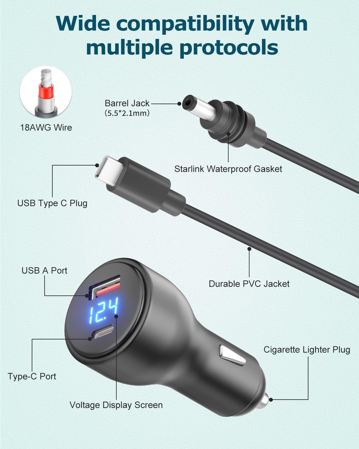 3 in 1 Starlink Mini Cable Cigarette Lighter 10FT Car Adapter for Starlink Mini USB C to DC Power Cable and Car Charger Smart Boost 12V to 20V/100W with Voltmeter USB C 100W/USB A 18W Port 18AWG 3M