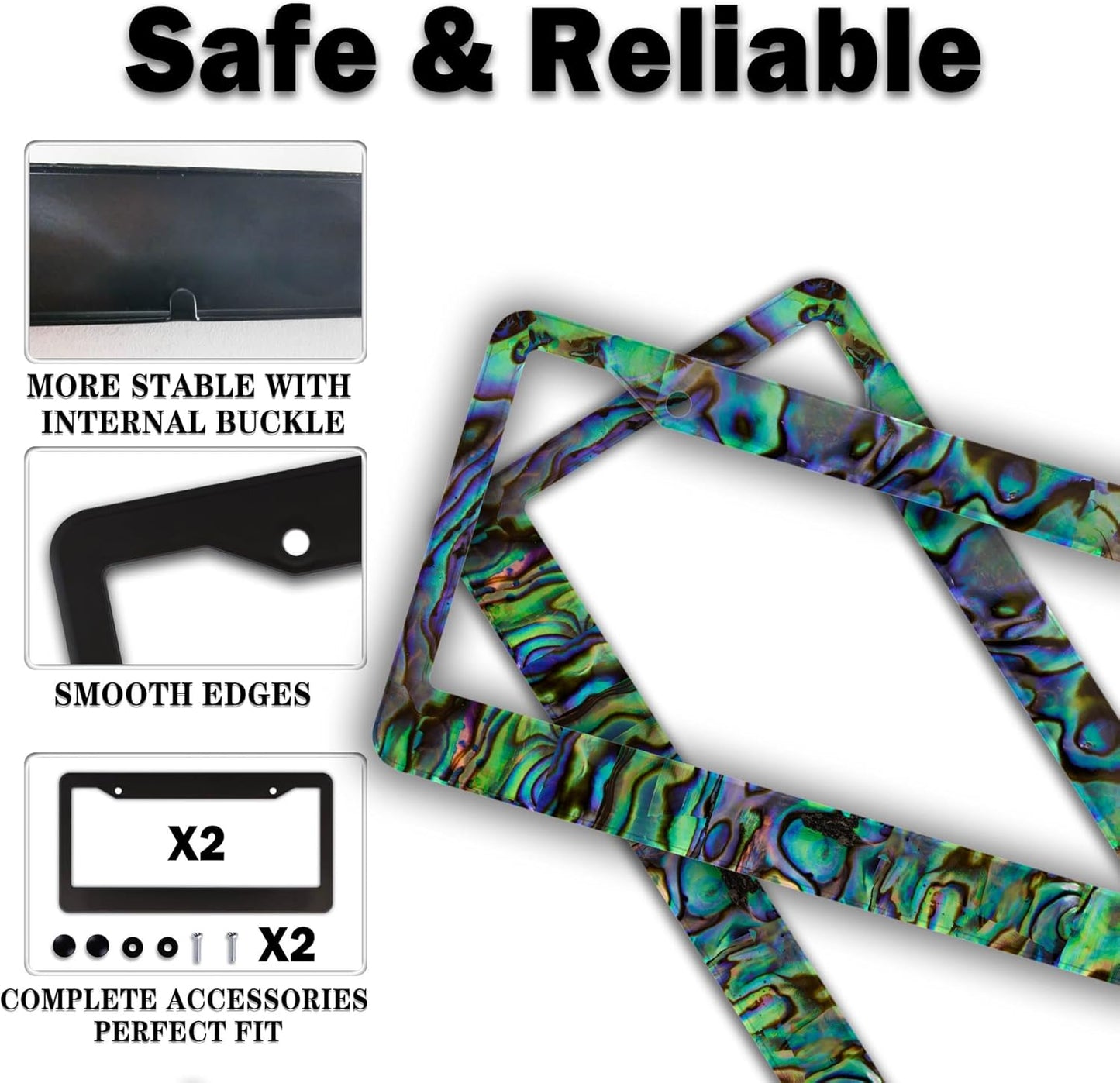 License Plate Frames Multicolor Fun License Plate Frame Cover Faux Abalone Texture Universal Aluminum Car Accessory 2 Pack with Screw Covers Set