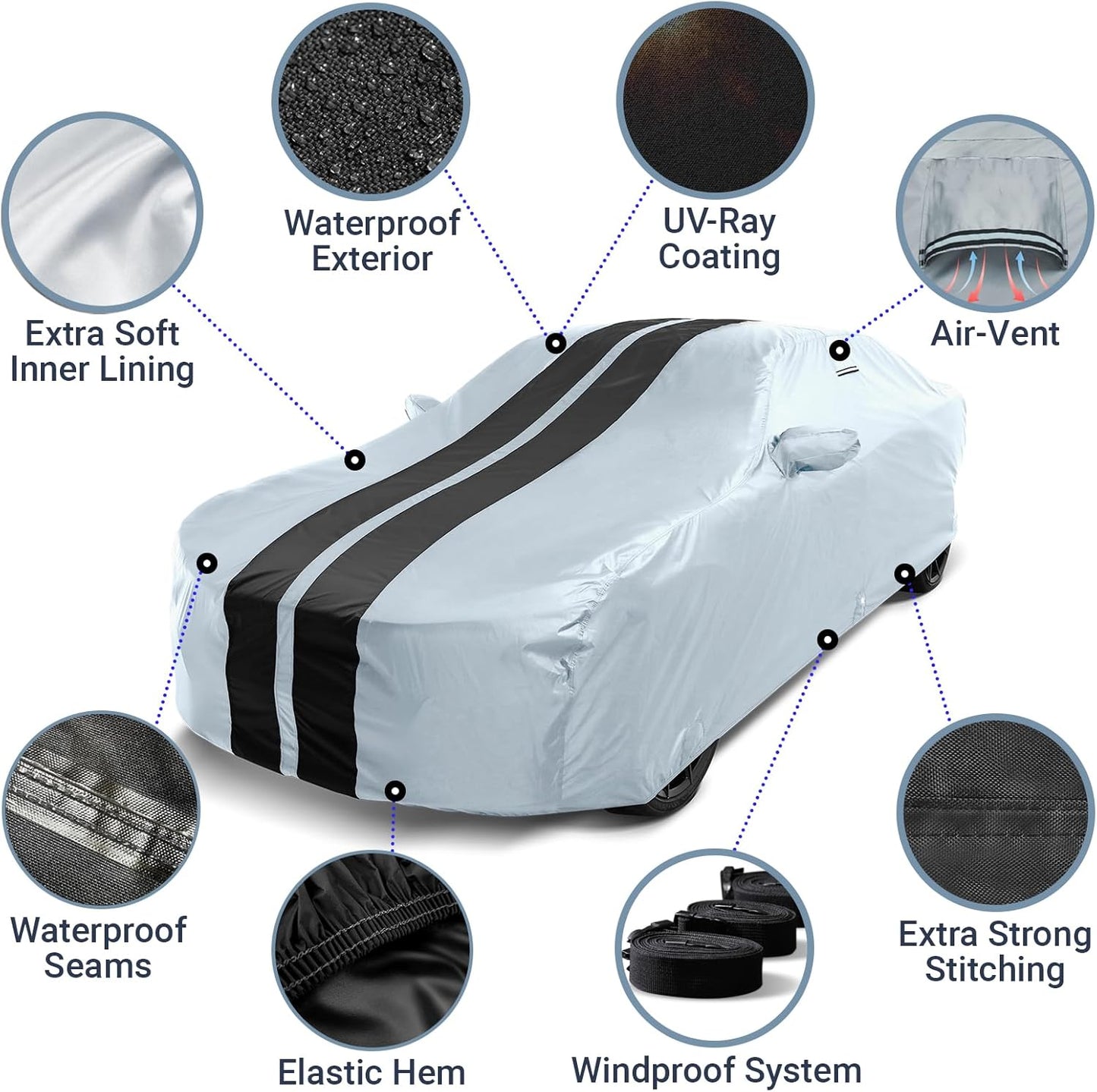 iCarCover Custom Car Cover for Pontiac Bonneville (1987-2005) Waterproof All-Weather Rain Snow UV Sun Protector Full Exterior Indoor Outdoor Car Cover (Stripe - Gray/Black)