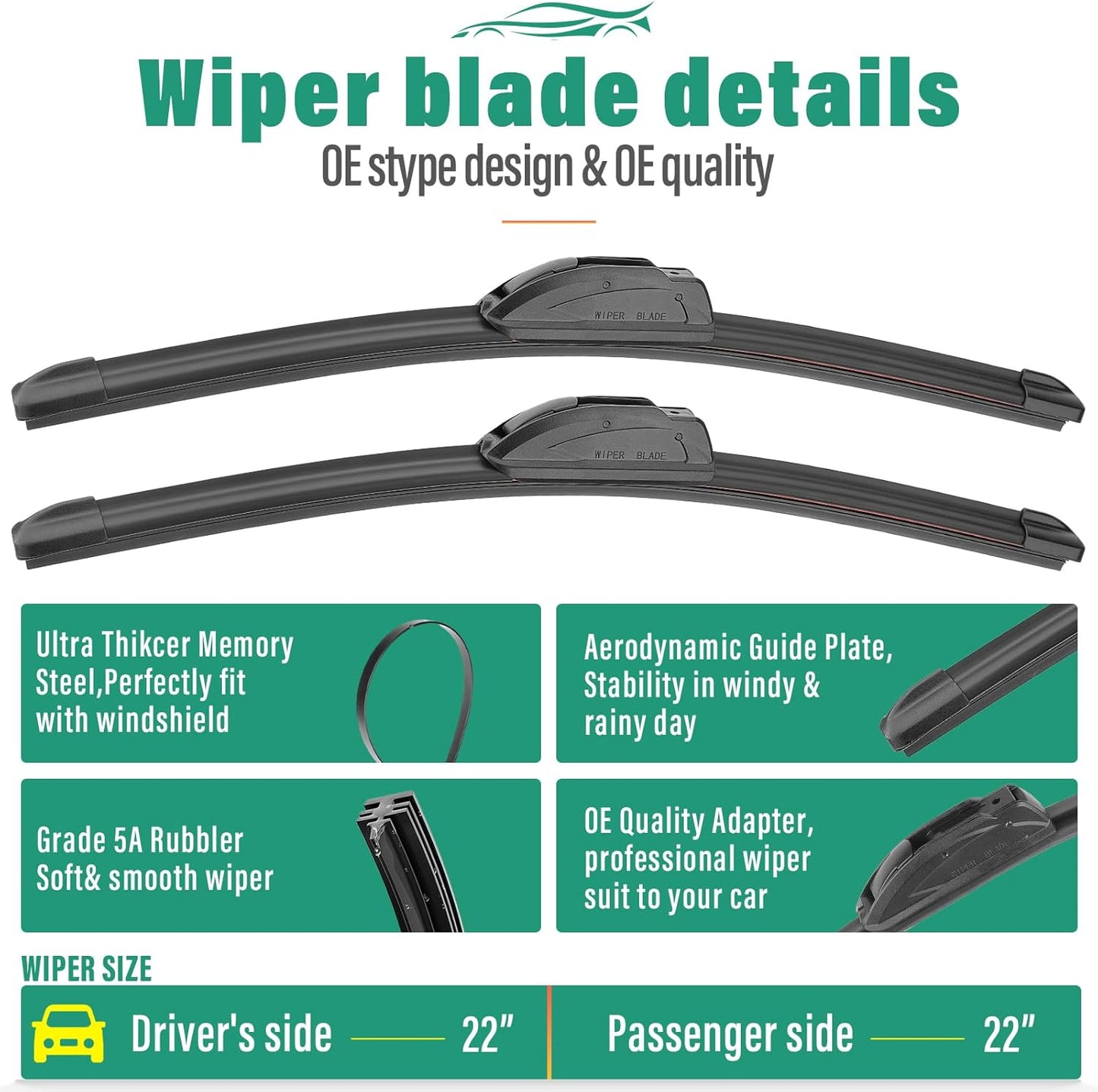 22" 22" 16" Windshield Wiper Blades Replacement for Lincoln Navigator 2009 2010 2011 2012 2013 2014 2015 2016 Premium All Weather Front Rear Wipers Set - OEM Quality (Pack of 3)
