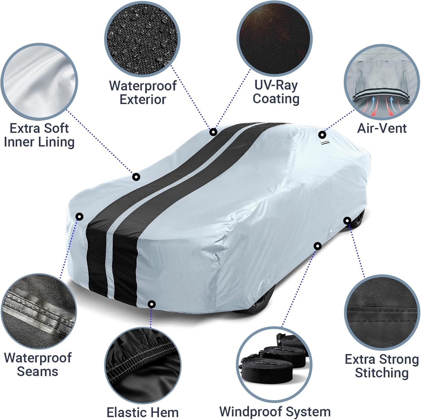 iCarCover Custom Car Cover for Chevy Caprice 2-Door, 4-Door (1977-1990) Waterproof All Weather Rain Snow UV Sun Protector Full Exterior Indoor Outdoor Car Cover (Stripe - Gray/Black)