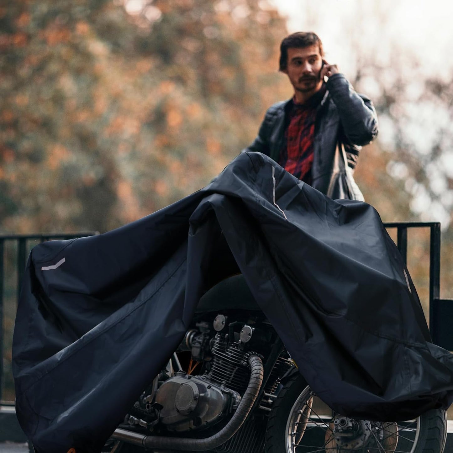 Motor Bike Cover Waterproof Outdoor, Motorbike Scooter Moped Cover Sun Rain Dust Protection with 5 Reflective Strips and 2 Fixed Buckles, 2 Lock-Holes for Most Motorcycles (L: 81x37x43 inch)