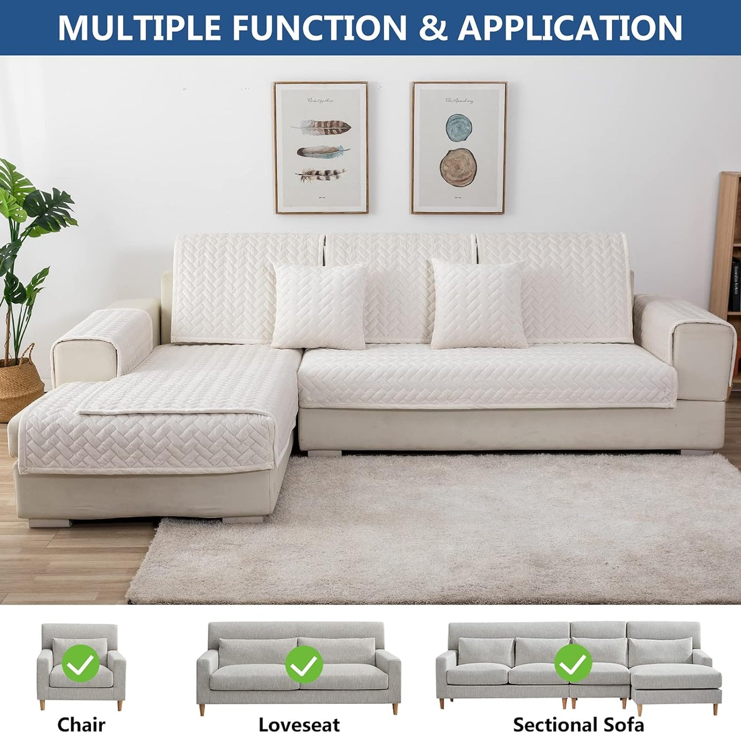 Eismodra Couch Cover,Sectional Couch Covers,Sofa Covers for 3 Cushion Couch,Anti-Slip Sofa Slipcovers for Dogs Cats Kids Loveseat Recliner L Shaped Armrest Backrest,White 36''x94''(Only 1 Piece)
