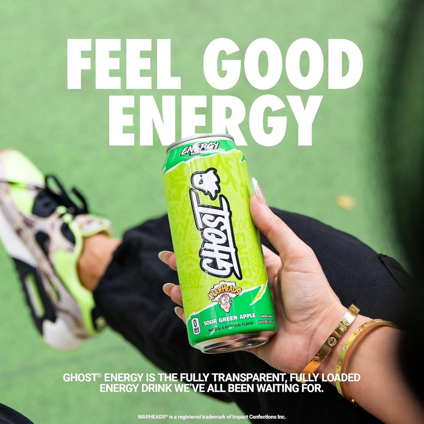 GHOST Energy Drink - 12-Pack, Warheads Sour Green Apple, 16oz - Energy & Focus & No Artificial Colors - 200mg of Natural Caffeine, L-Carnitine & Taurine - Gluten-Free & Vegan