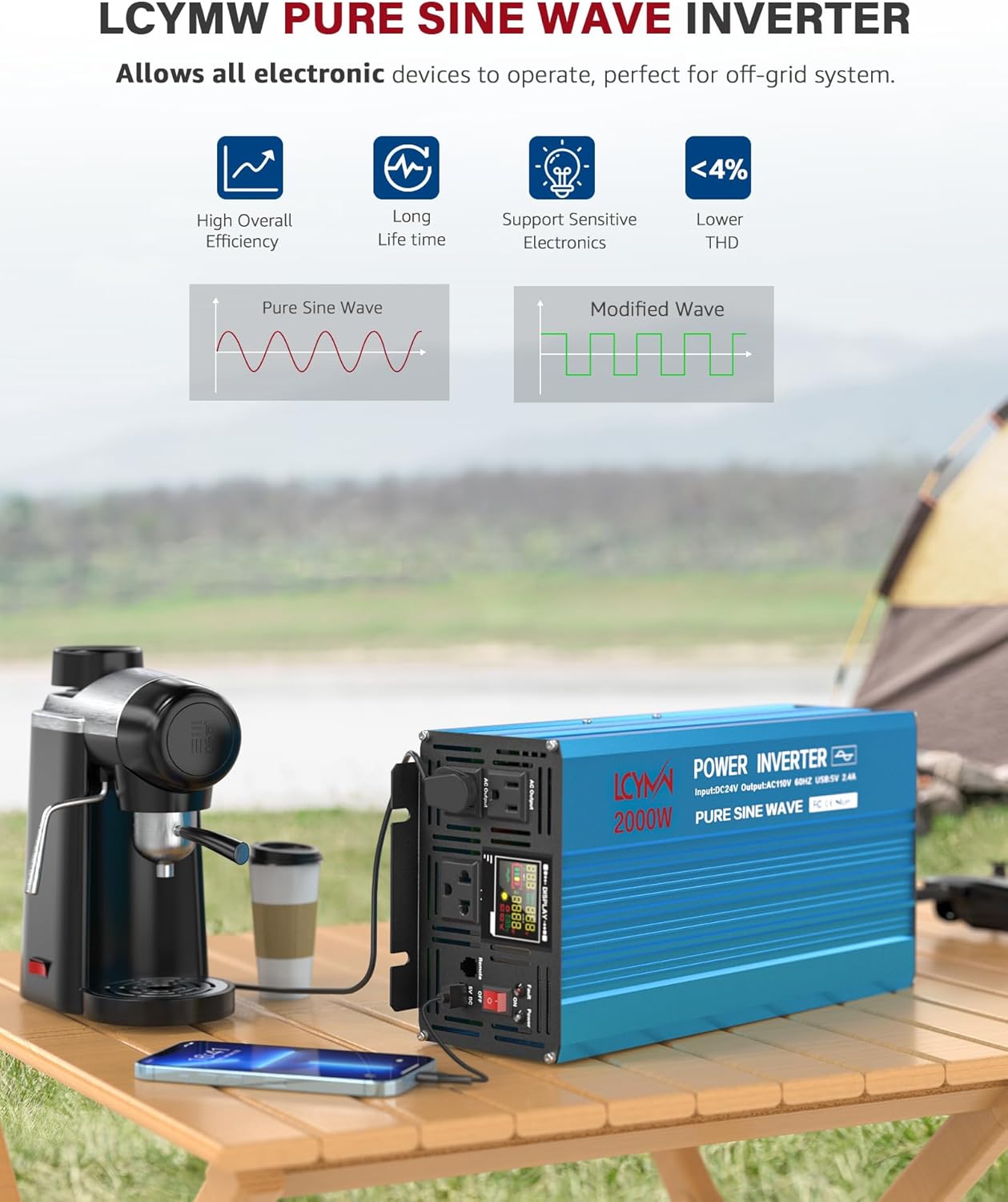 2000 Watt Inverter Pure Sine Wave DC 24V to 110V/120V AC Power Inverters with 3 AC Charger Outlets Car Solar Converter for Vehicles Home with LCD Display and 2.4A USB Charging Port