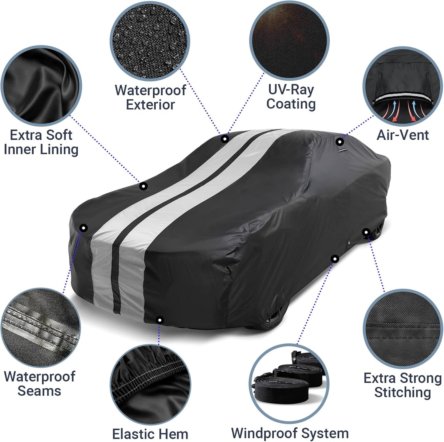 iCarCover Custom Car Cover for Chevy Impala Wagon (1971-1976) Waterproof All Weather Rain Snow UV Sun Protector Full Exterior Indoor Outdoor Car Cover (Stripe - Black/Gray)