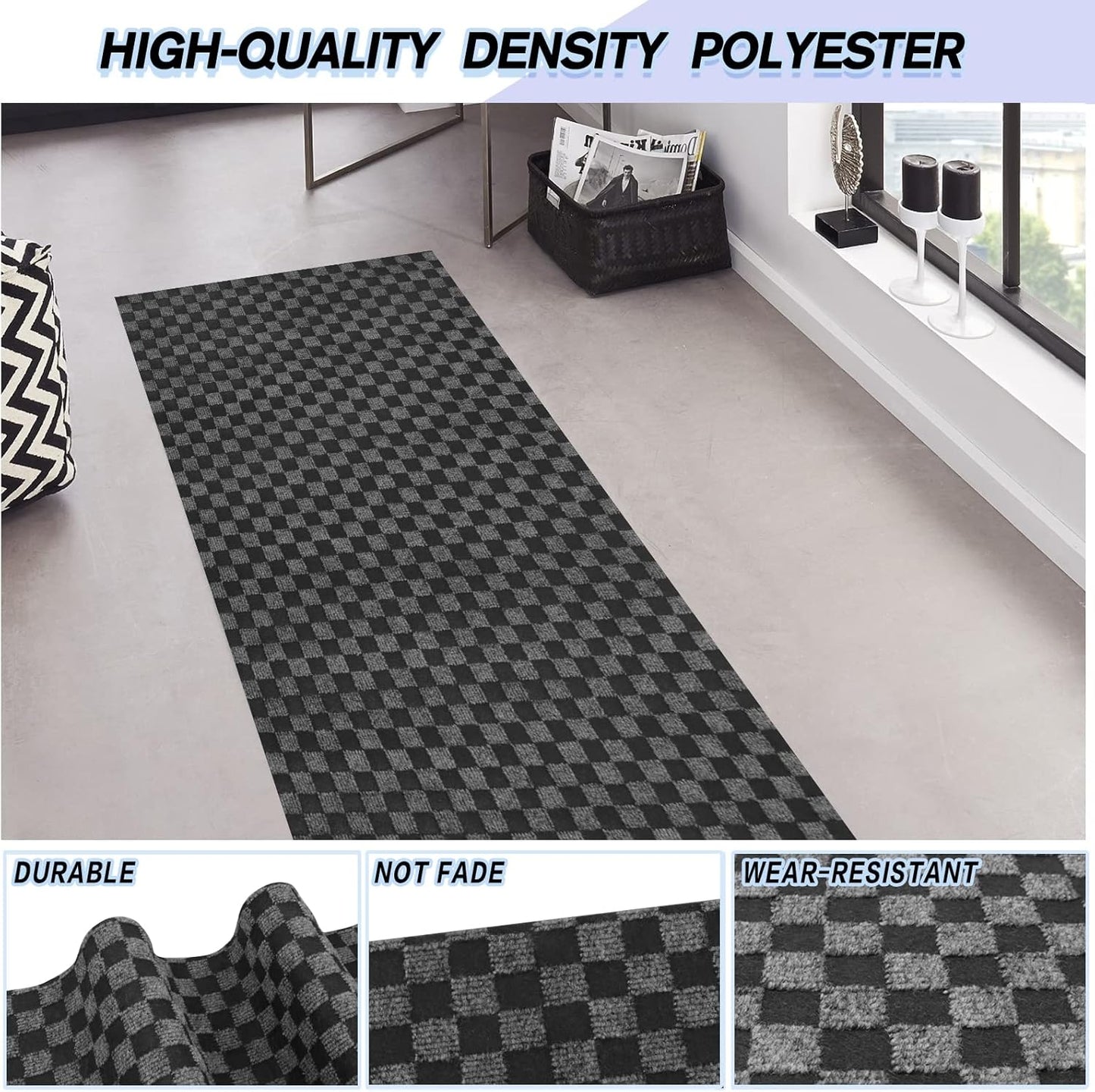Custom Size Backed Non-Slip Area Rugs Runner, Easy Clean, Waterproof Runner Rugs for Hallway Entryway, Kitchen, Laundry, 2FT x 22FT, Gray Checkered