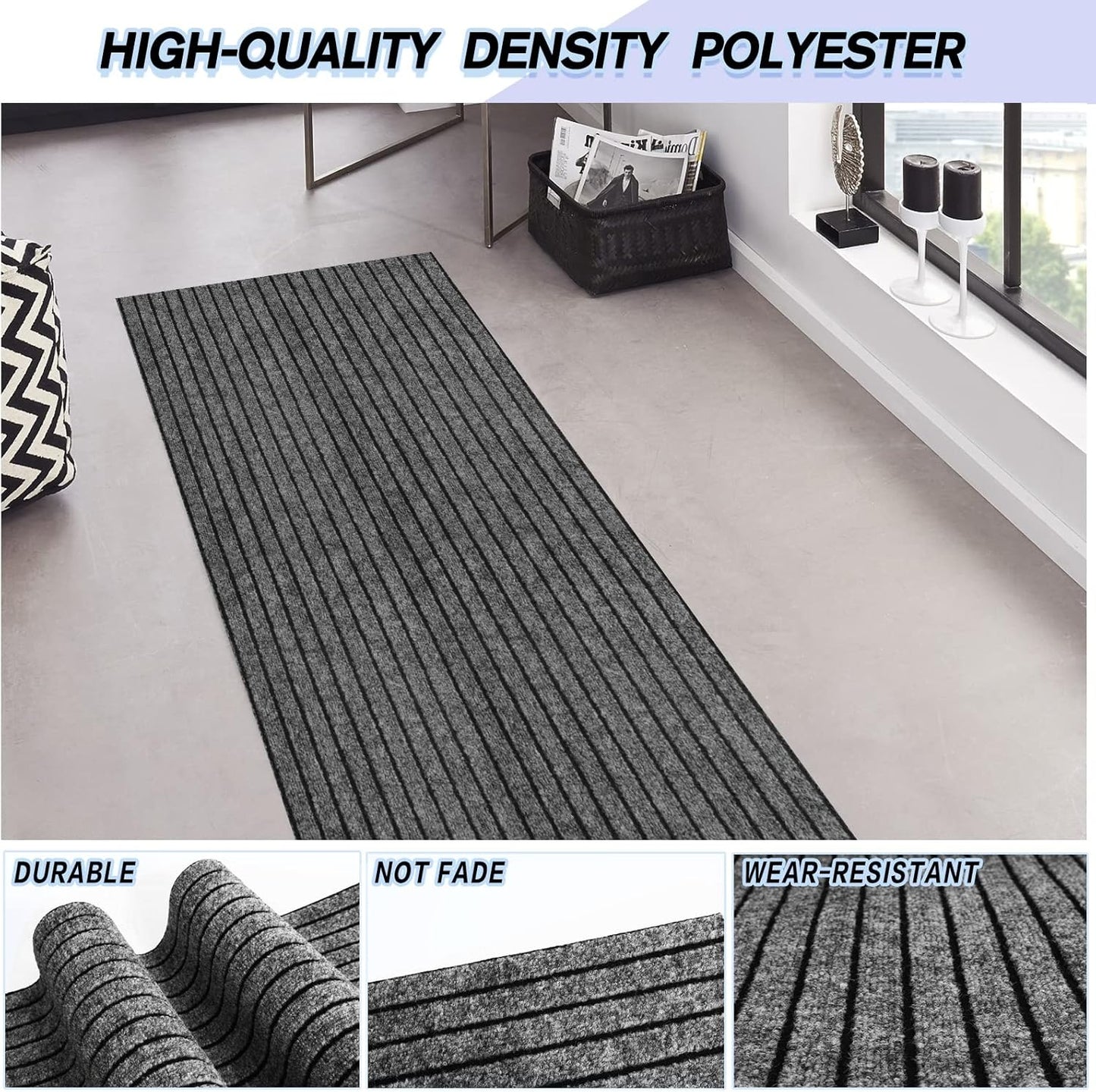 Custom Size Backed Non-Slip Area Rugs Runner, Easy Clean, Waterproof Runner Rugs for Hallway Entryway, Kitchen, Laundry, 4FT x 51FT, Gray Stripe