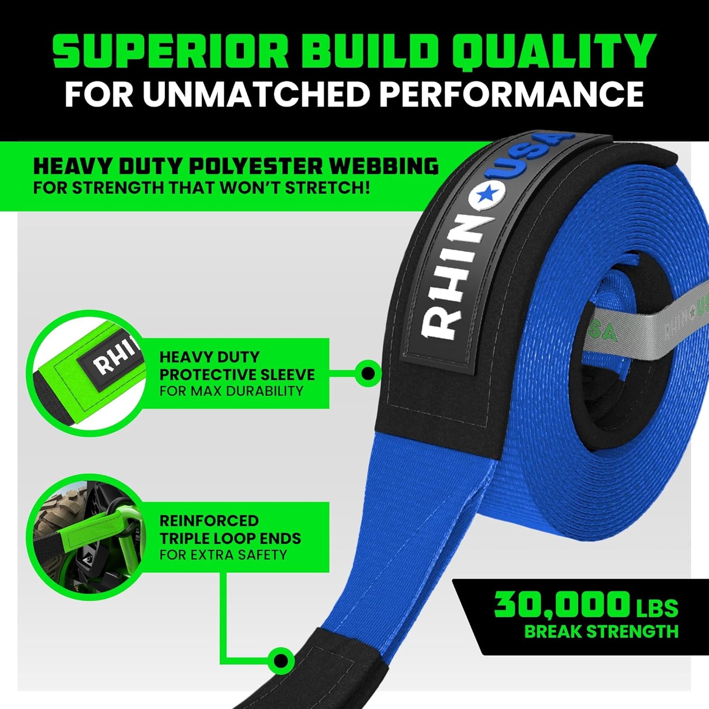 Rhino USA Recovery Tow Strap (3"x20') - 31,518lb Break Strength- Emergency Recovery Strap Tow Rope for Truck, UTV, ATV & More - Heavy Duty Towing Strap for Offroad 4x4 Use- Compatible with Jeep (Blue)