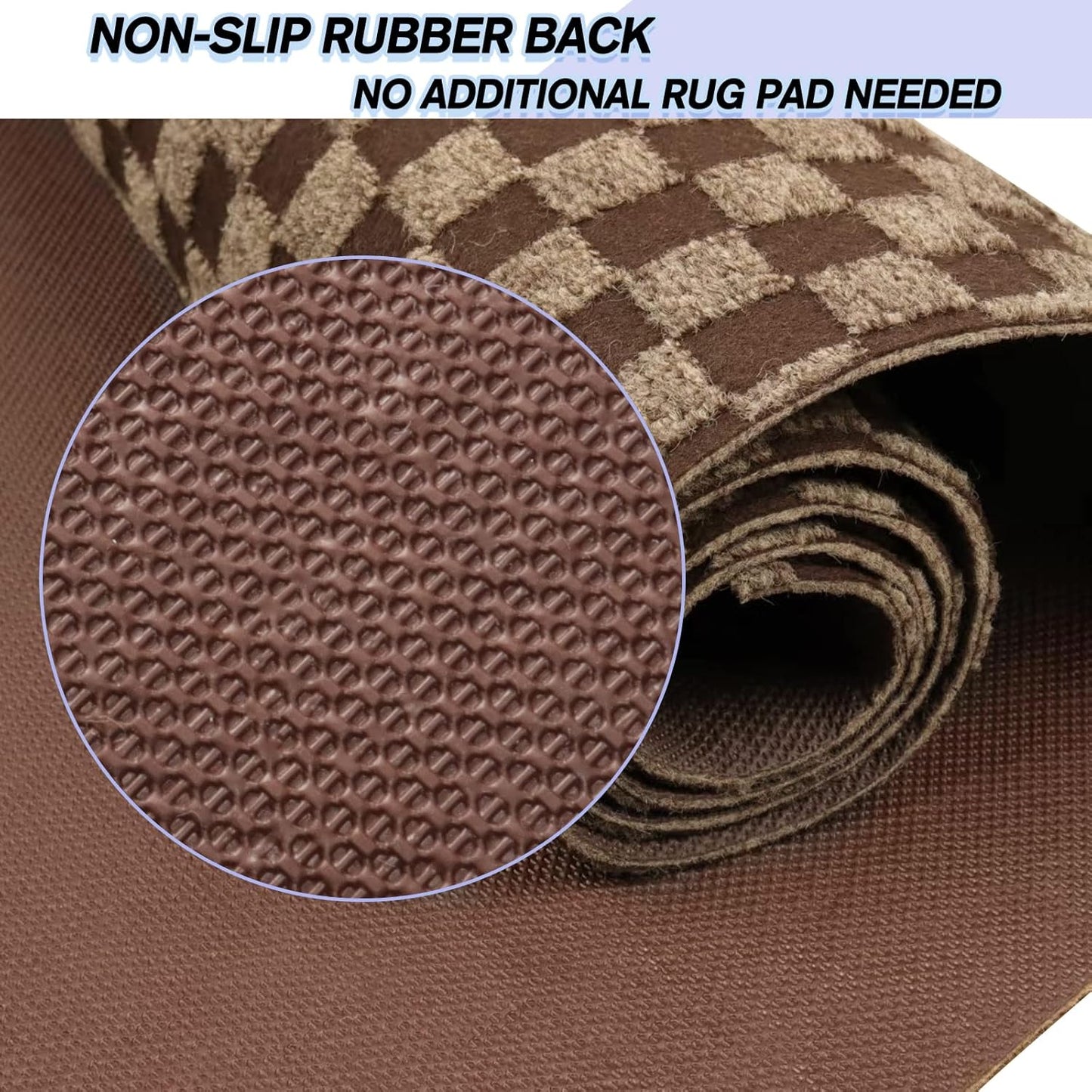 Custom Size Backed Non-Slip Area Rugs Runner, Easy Clean, Waterproof Runner Rugs for Hallway Entryway, Kitchen, Laundry, 2FT x 17FT, Brown Checkered
