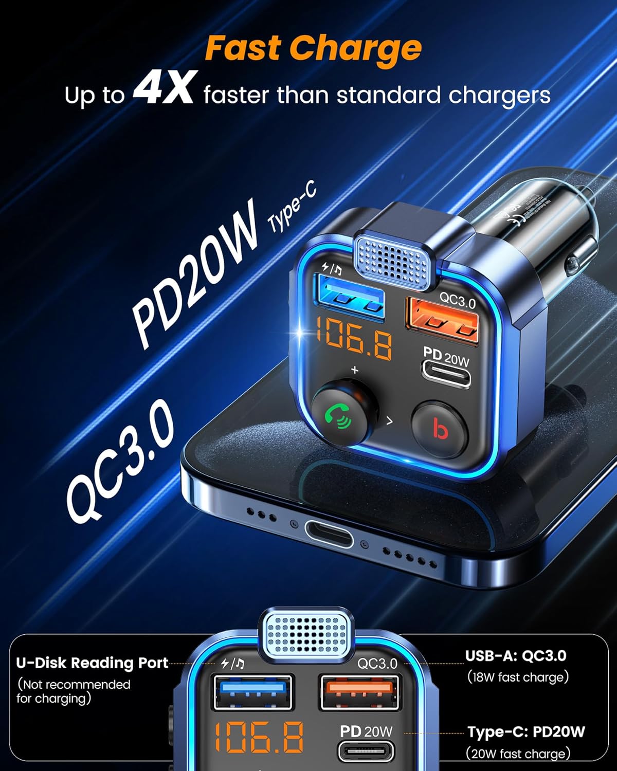 LENCENT FM Transmitter in-Car Adapter, Type-C PD 20W+ QC3.0 Fast USB Charger, Wireless Bluetooth 5.3 Radio Car Kit, Hands-Free Calling, MP3 Player Receiver Hi Fi Bass, Support U Disk