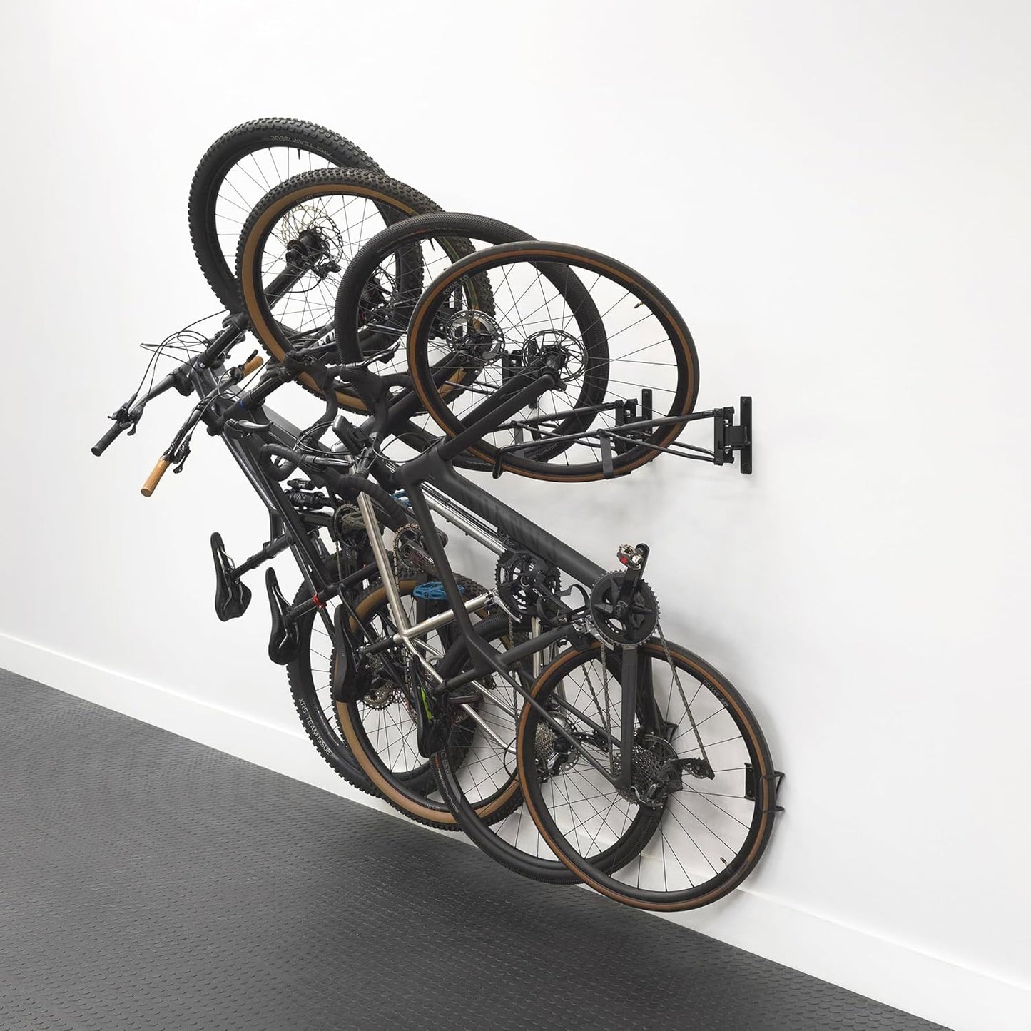 StoreYourBoard SwivelStow Bike Storage Rack 4 Pack, 2 MTB & 2 Road & Gravel Bike Wall Mounts, Heavy Duty Bike Hanger, No-Lift Bike Wall Mount for Garage Bike Storage, Holds 70 lbs, Patent-Pending