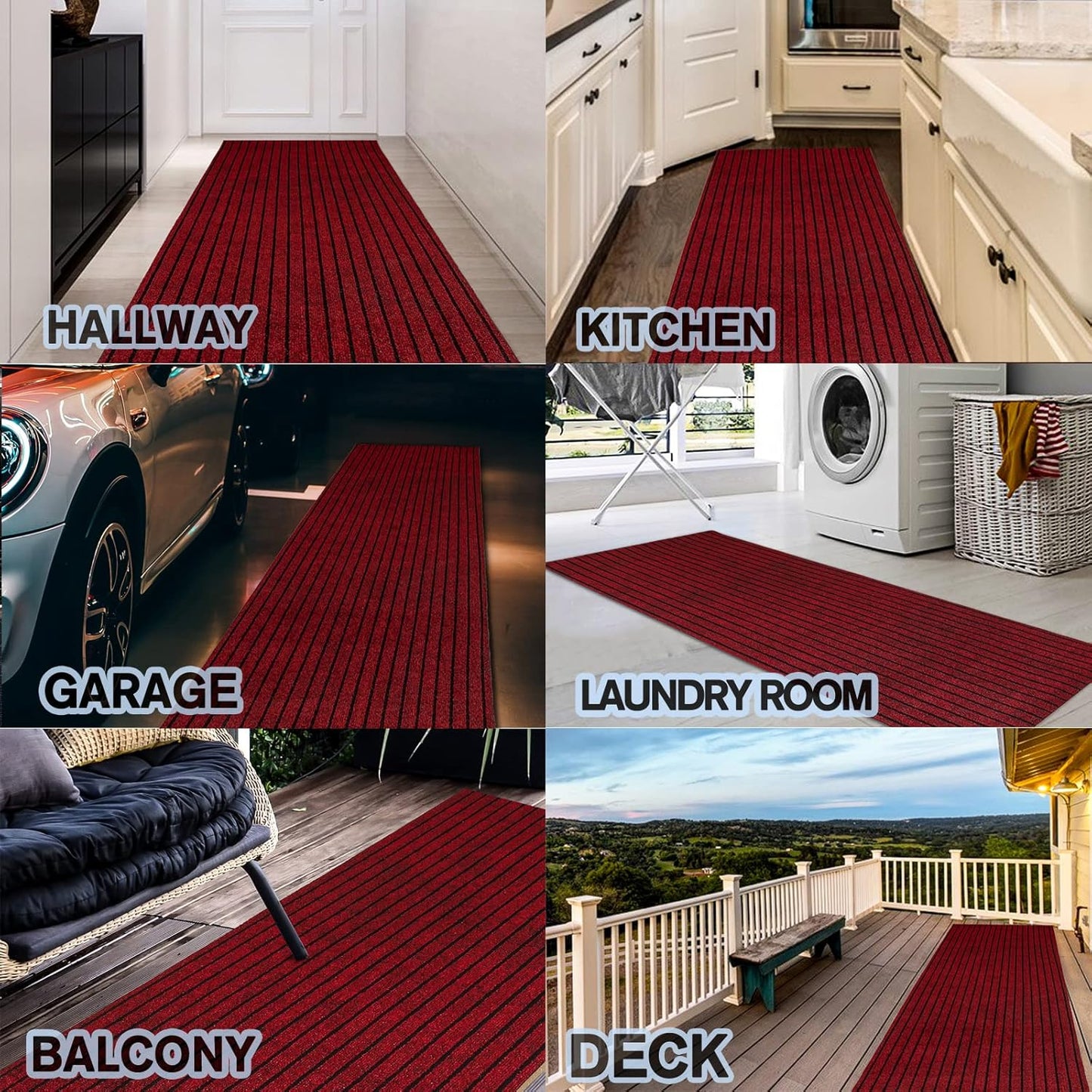 Custom Size Backed Non-Slip Area Rugs Runner, Easy Clean, Waterproof Runner Rugs for Hallway Entryway, Kitchen, Laundry, 4FT x 34FT, Red Stripe