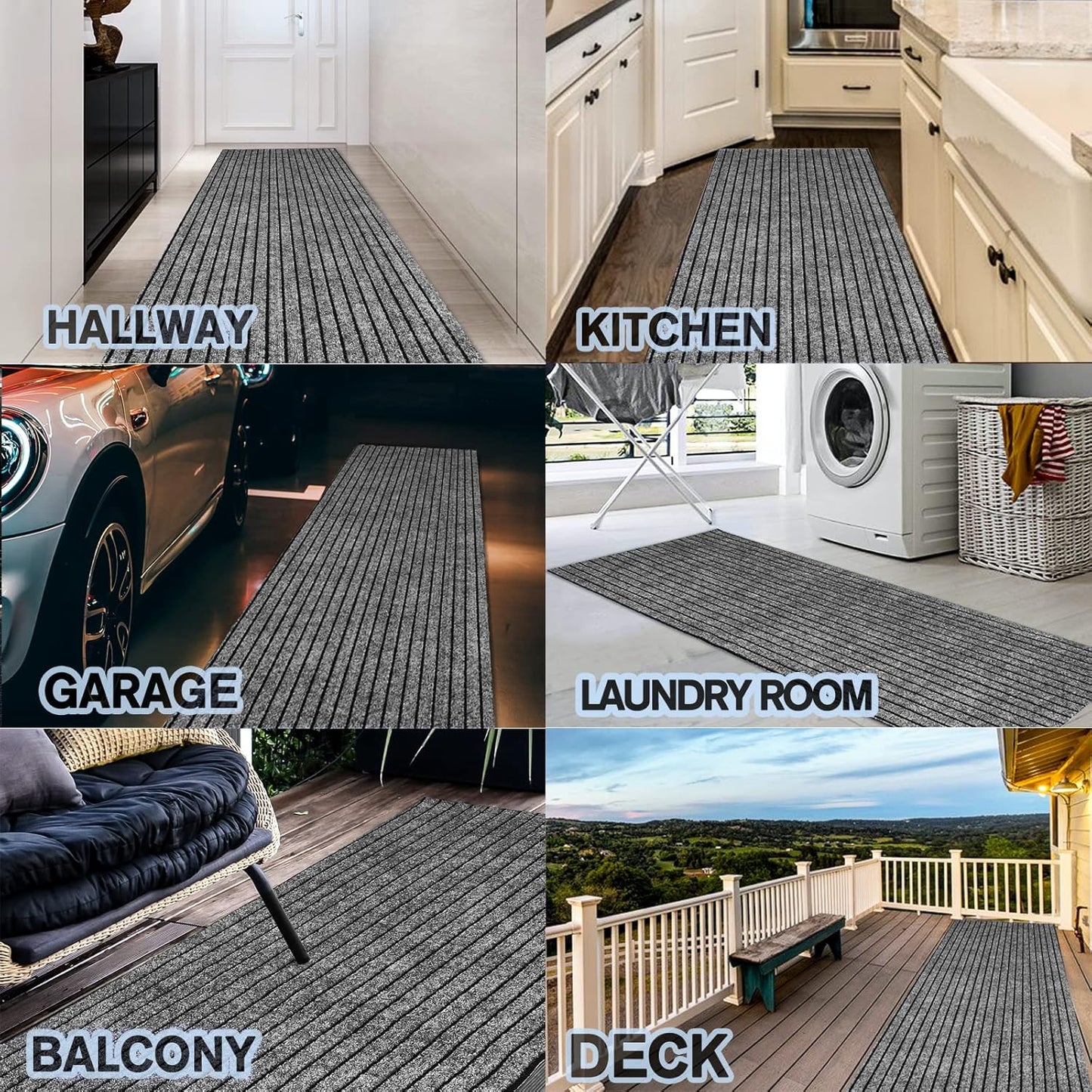 Custom Size Backed Non-Slip Area Rugs Runner, Easy Clean, Waterproof Runner Rugs for Hallway Entryway, Kitchen, Laundry, 3FT x 12FT, Gray Stripe