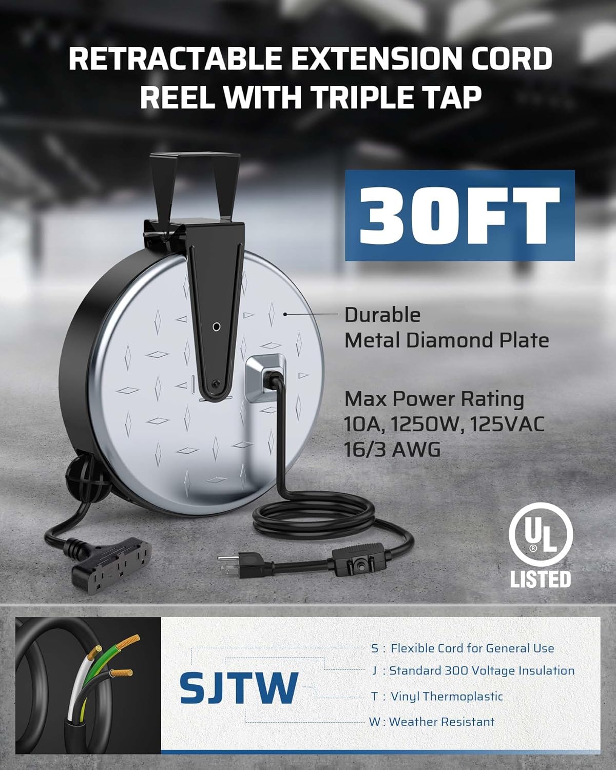 DEWENWILS Metal Extension Cord Reel,30FT Retractable Extension Cord, 16AWG/3C SJTW Power Cord, 3 Electrical Outlets, 10A Circuit Breaker, Wall or Ceiling Mountable for Workshop, Garage, UL Listed