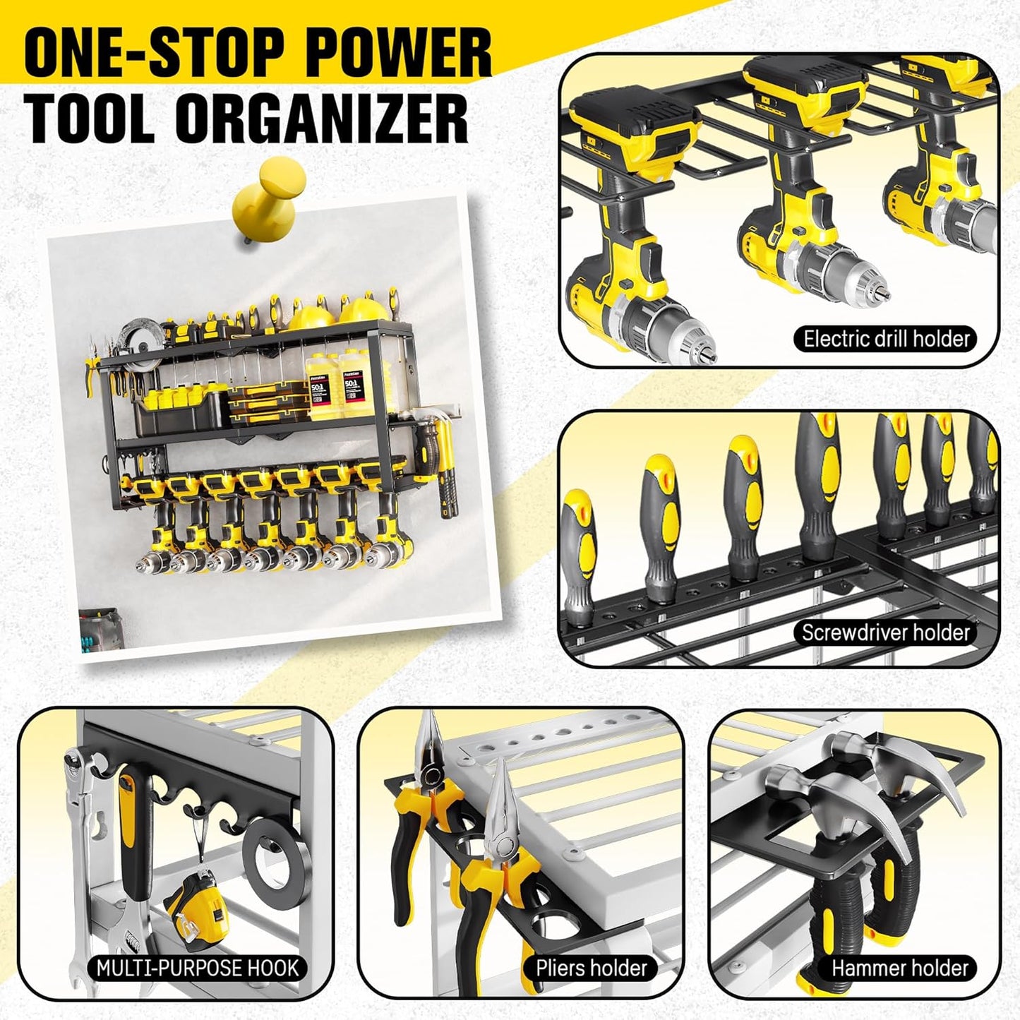 Power Tool Organizer Wall Mount - 300Lbs Load 3 Layers Storage Rack with 7 Drill Holders for Drills Cordless Tools. Heavy Duty Iron Garage Tool Organizer Storage for Workshop Shed Pegboard Basement