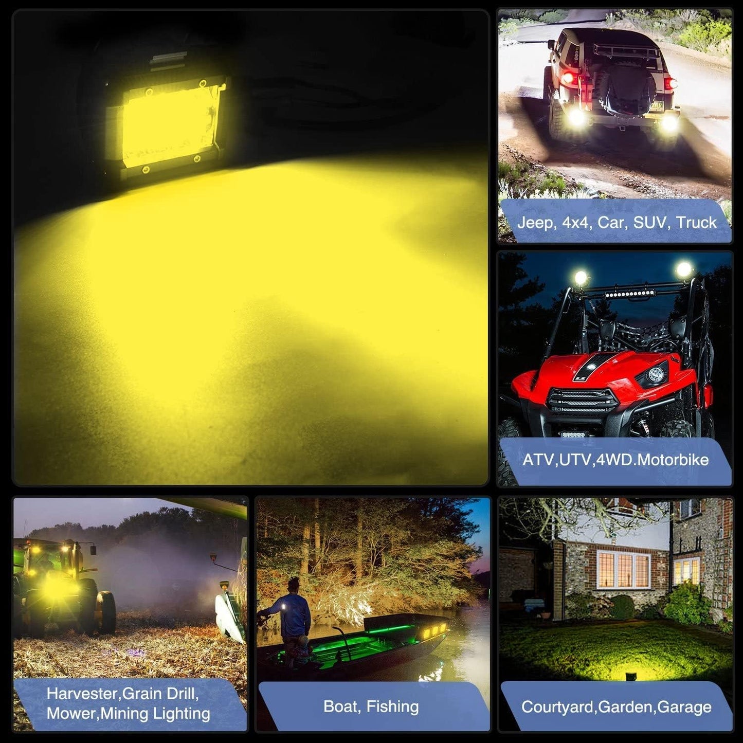 Nilight 2PC 4Inch Yellow Led Pods Triple Row 60W Flood Spot Combo Driving Fog Lights with 16AWG Switch Wiring Harness Kit-2 Leads for Offroad Pickup Trucks ATV UTV SUV, 2 Years Warranty