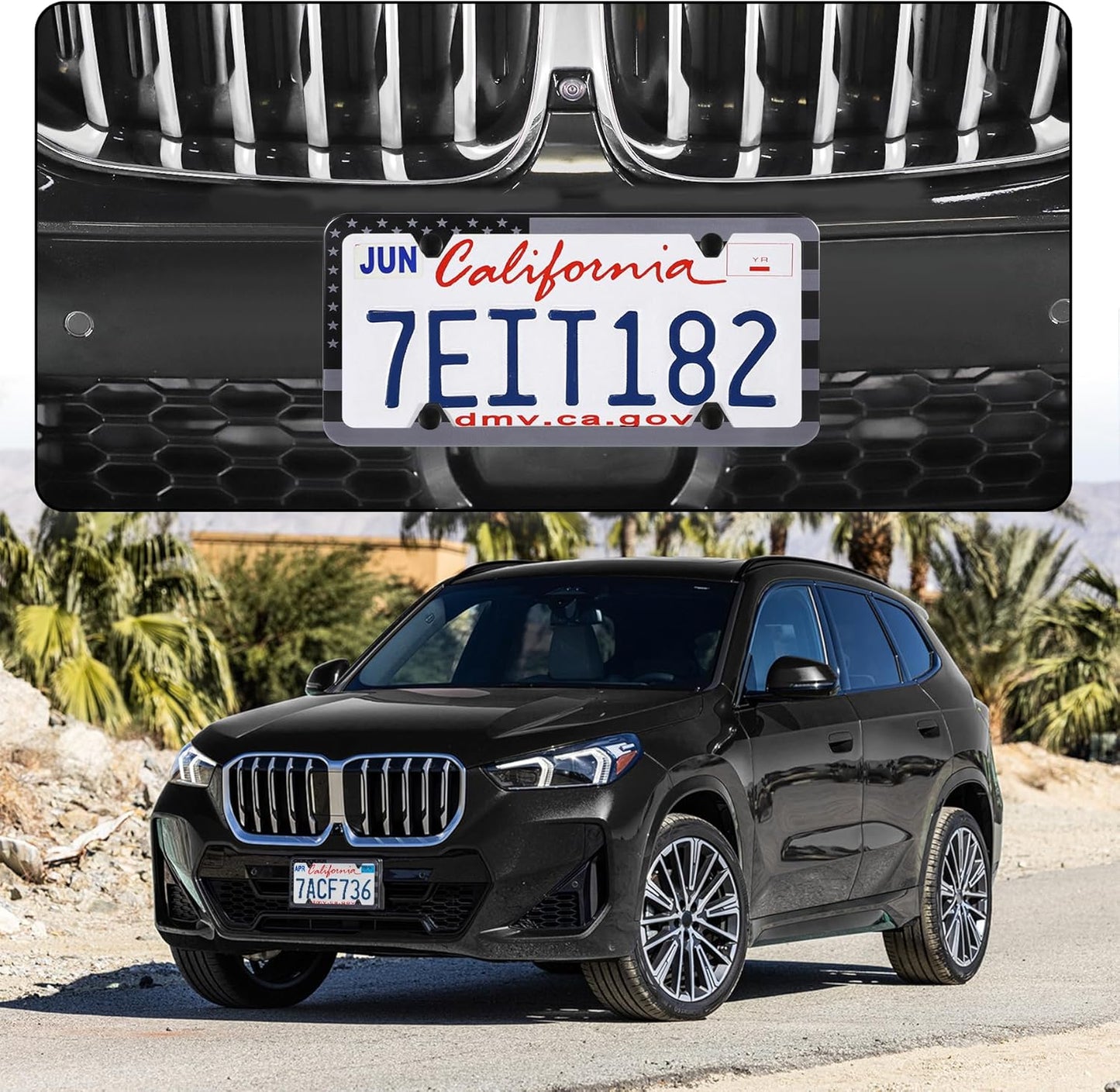LivTee American Flag License Plate Frames, 4 Holes Stainless Steel License Plate Covers, 2PCS Car License Plate Holder, Automotive Exterior Accessories, Black-Gray