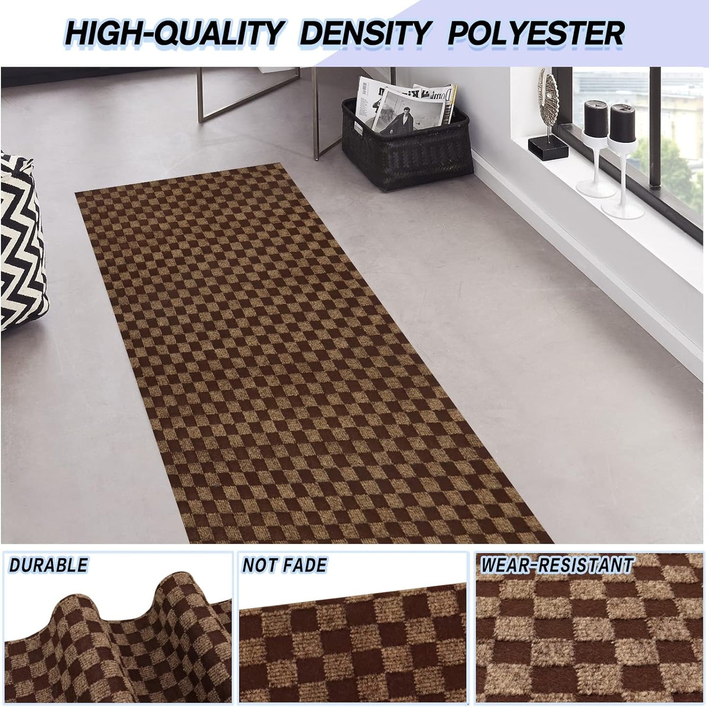 Custom Size Backed Non-Slip Area Rugs Runner, Easy Clean, Waterproof Runner Rugs for Hallway Entryway, Kitchen, Laundry, 4FT x 11FT, Brown Checkered