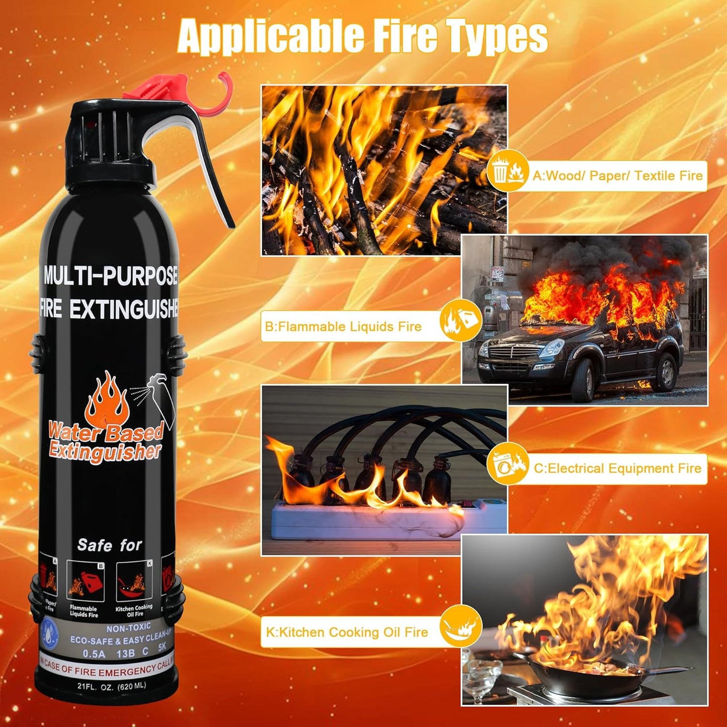 Fire Extinguisher for Home, 2 Pack Vehicle Fire Extinguishers with Mount, Portable Fire Extinguisher Effective on A, B, C, K Fires, Water-Based Extinguisher for Car Boat Office Truck Kitchen Garage RV
