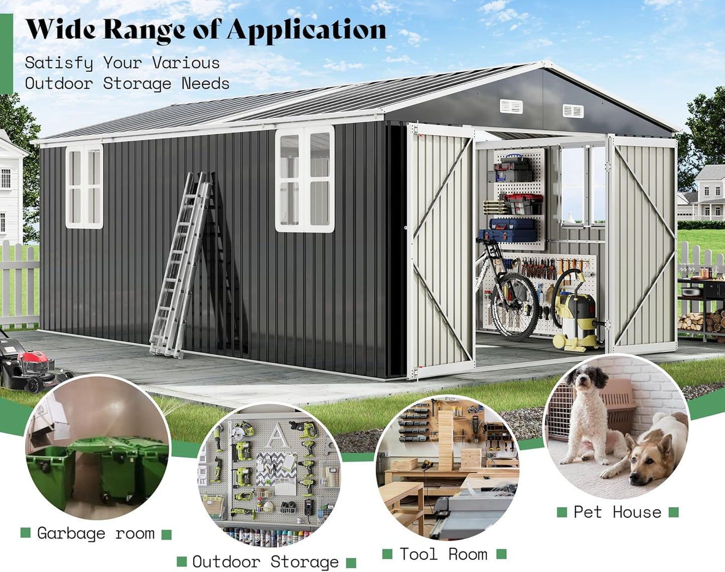 AMERLIFE 10x16.3x7 FT Galvanized Steel Storage Shed with Dual Transparent Panels, 4 4-Pane Windows & Hinged Double Doors, Outdoor Shed for Backyard, Garden, Patio, Dark Grey/White