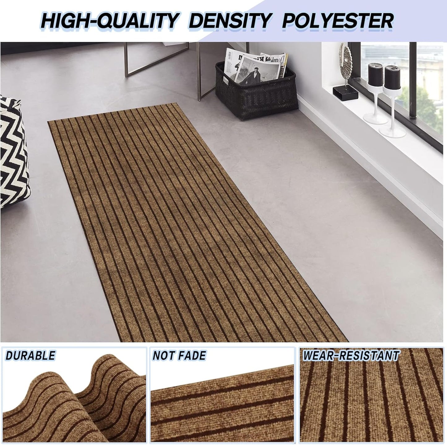 Custom Size Backed Non-Slip Area Rugs Runner, Easy Clean, Waterproof Runner Rugs for Hallway Entryway, Kitchen, Laundry, 4FT x 74FT, Brown Stripe