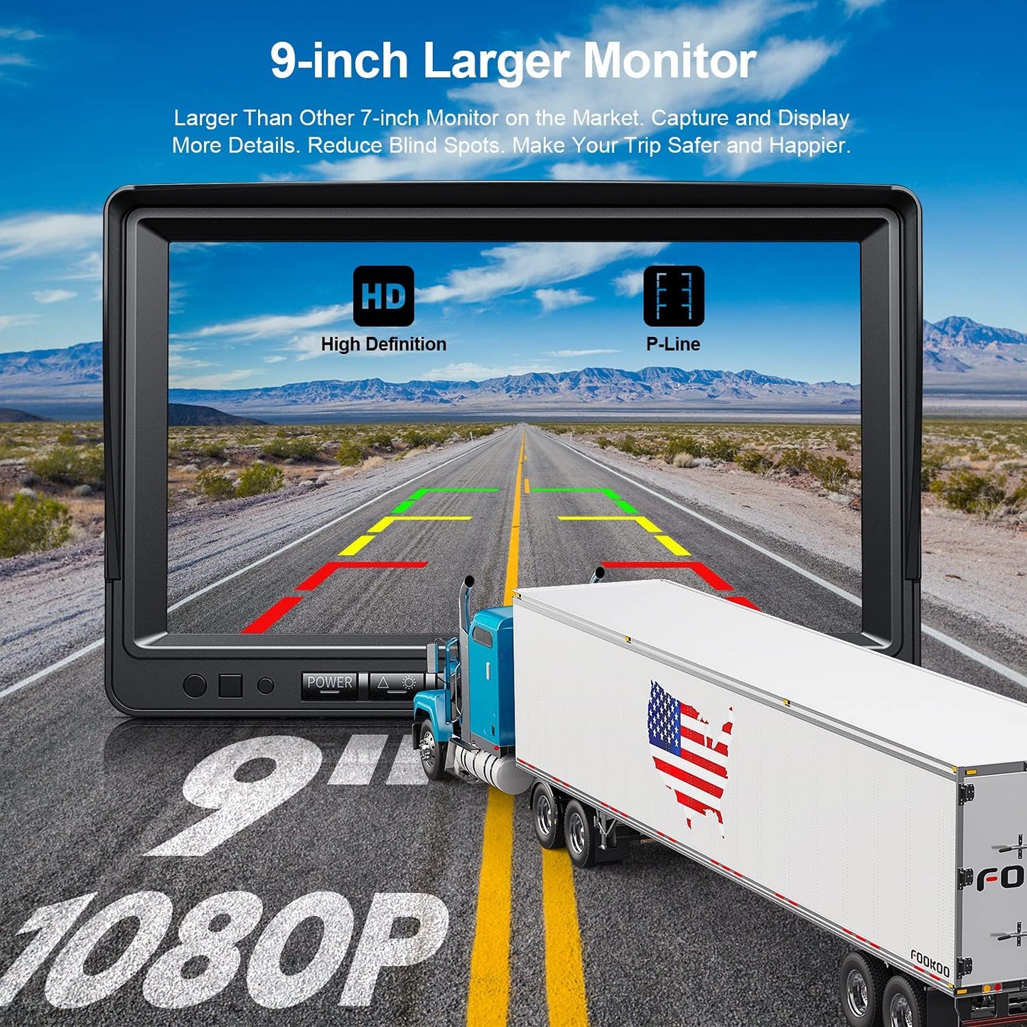 Fookoo HD 1080P 9" Wireless Backup Camera System, 9-inch Quad Split Screen Monitor w/Recording, IP69 Waterproof Side View Rear View Cameras, Digital Signal, Parking Lines for RV/Truck/Trailer (DW9T4)