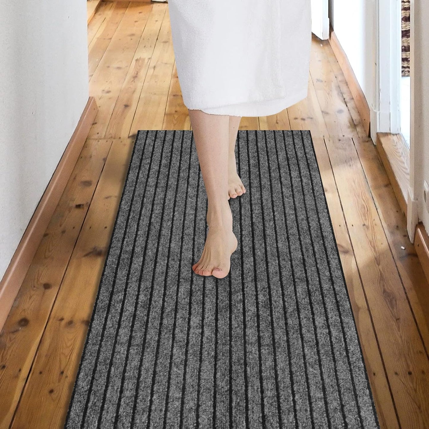Custom Size Backed Non-Slip Area Rugs Runner, Easy Clean, Waterproof Runner Rugs for Hallway Entryway, Kitchen, Laundry, 2FT x 39FT, Gray Stripe