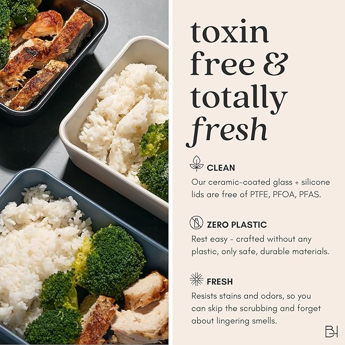 Ceramic Coated Glass Food Storage Container | No PTFE, PFOA, PFAS, and BPA | Reusable Non Toxic Meal Prep Container with Glass Lid | Easy To Store | 8 Cup Square [Dusk]