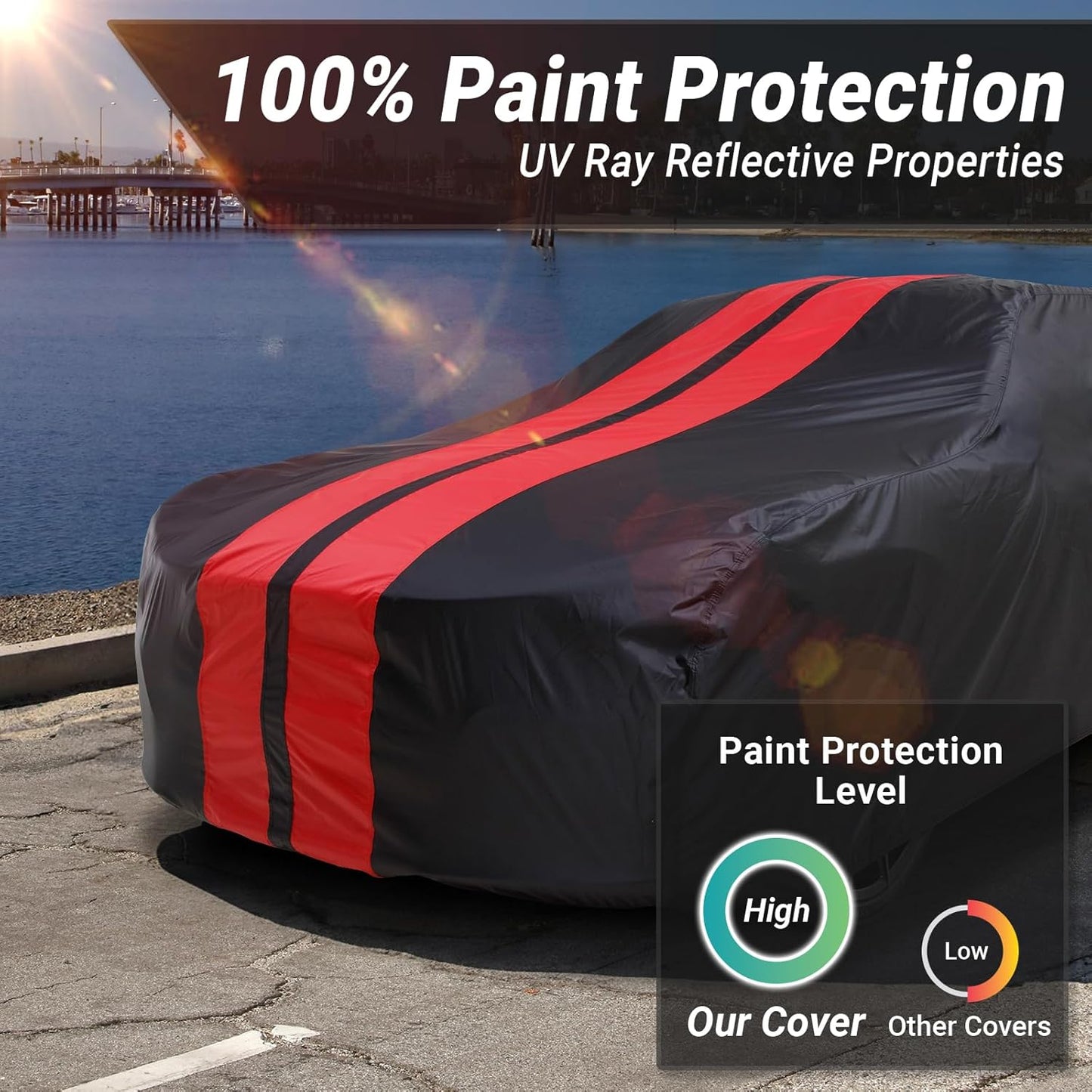 iCarCover Custom Car Cover for Chevy Bel Air 4-Door (1972-1975) Waterproof All Weather Rain Snow UV Sun Protector Full Exterior Indoor Outdoor Car Cover (Stripe - Black/Red)